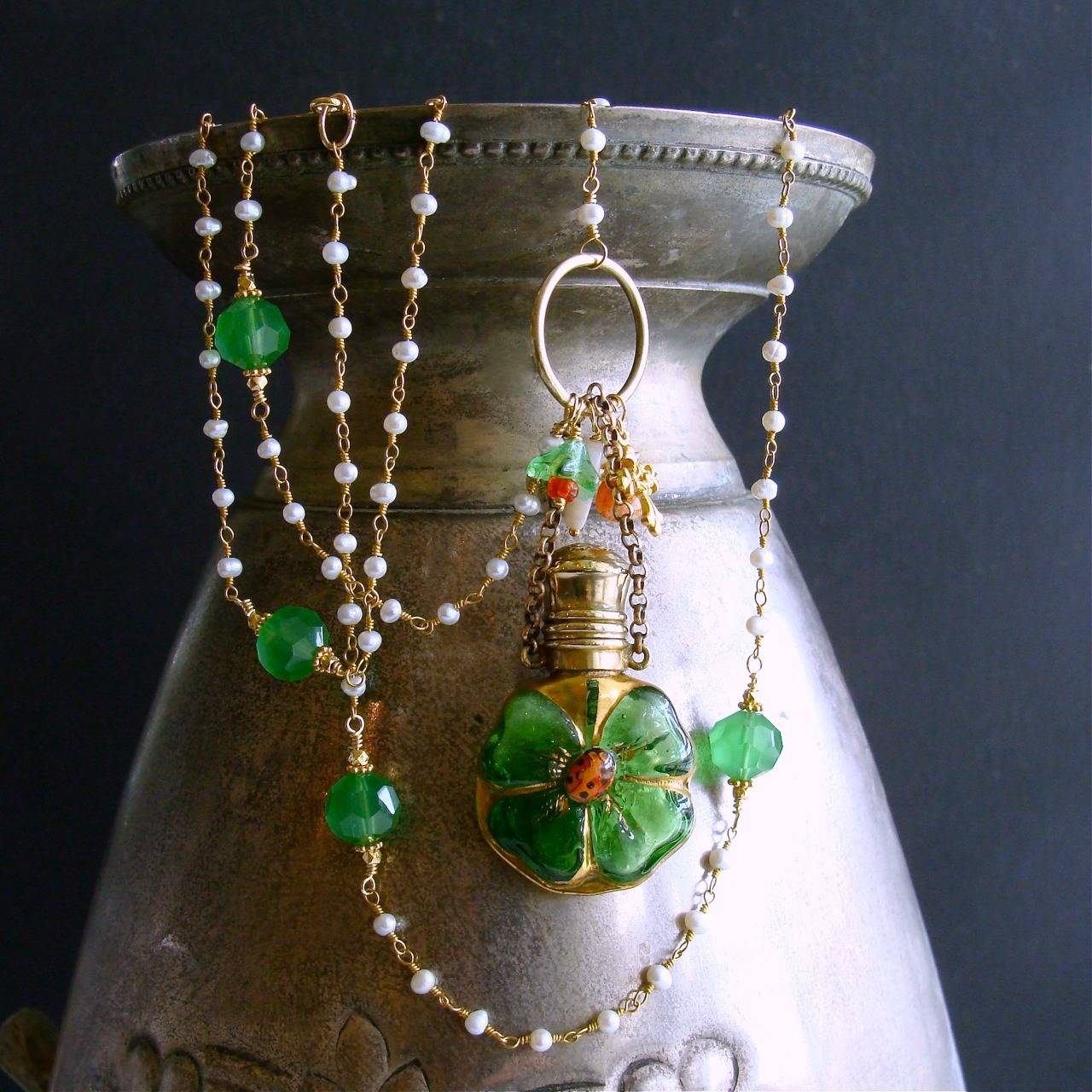 Victorian Four Leaf Clover Ladybug Glass Scent Bottle Necklace