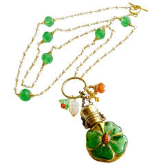 Victorian Four Leaf Clover Ladybug Glass Scent Bottle Necklace