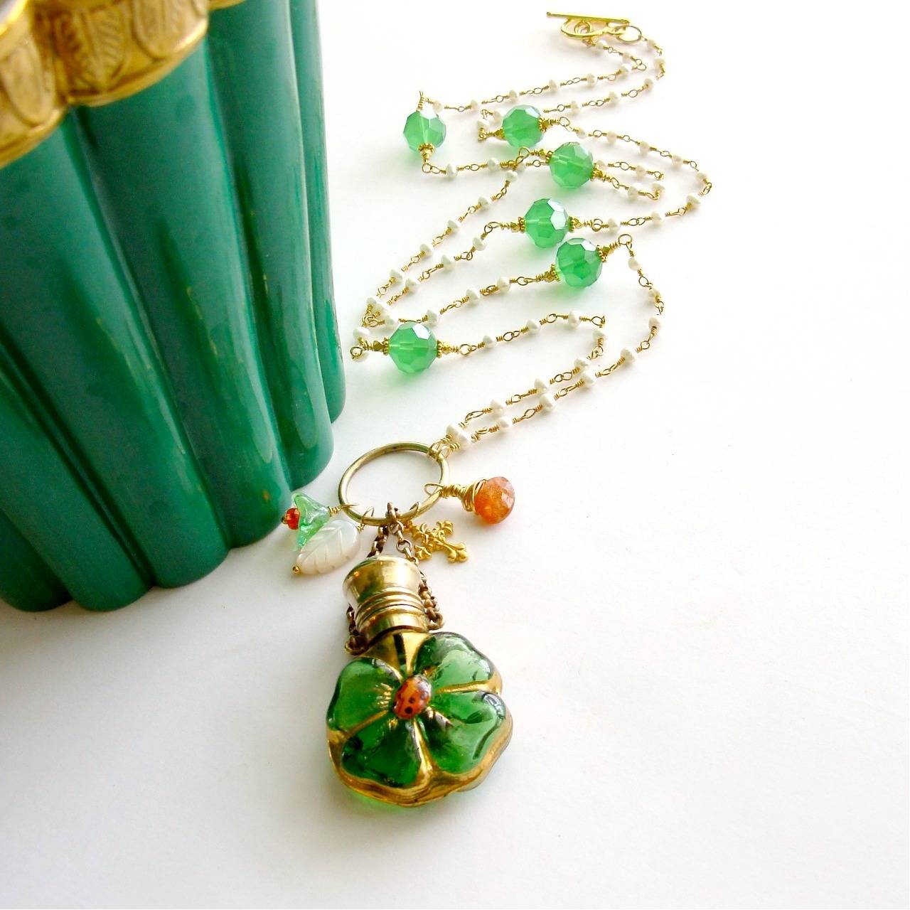 Women's Victorian Four Leaf Clover Ladybug Glass Scent Bottle Necklace