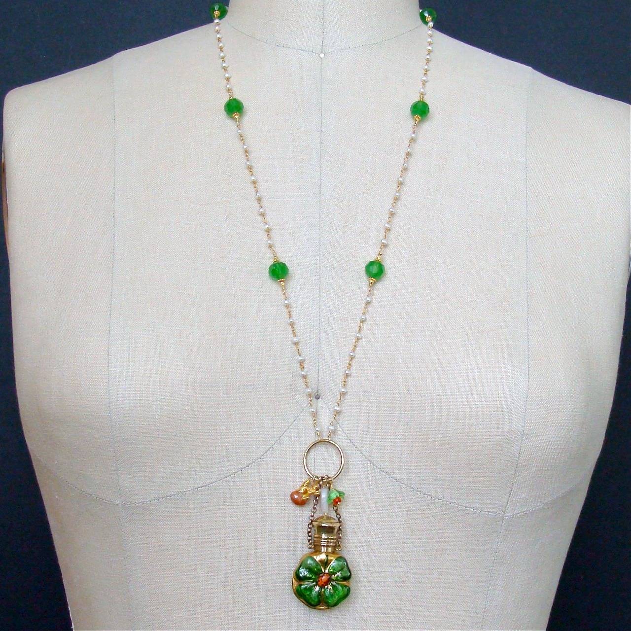 Victorian Four Leaf Clover Ladybug Glass Scent Bottle Necklace 1