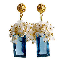 London Blue Topaz Cluster Earrings - Moonstone Pearl - Dione III Earrings