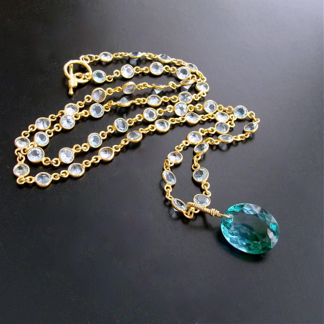 Bella II Necklace.

Looking for just a dash of sparkle in a gorgeous aqua color range?  This stunning 16 carat bi-color Bolivian blue green ametrine has sparkle galore and a stunning ombre range of colors from vivid topaz blue to forest green. 