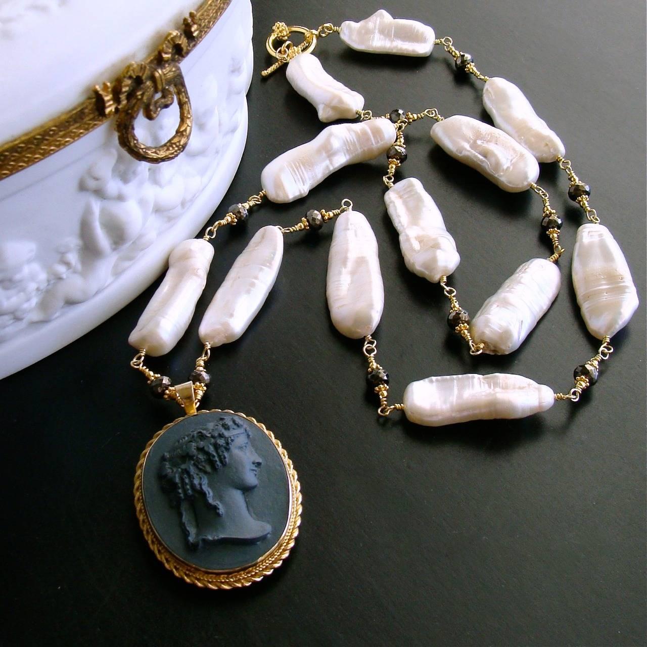 Biwa Pearls Pyrite Basalt Cameo Pendant Necklace In New Condition In Colleyville, TX