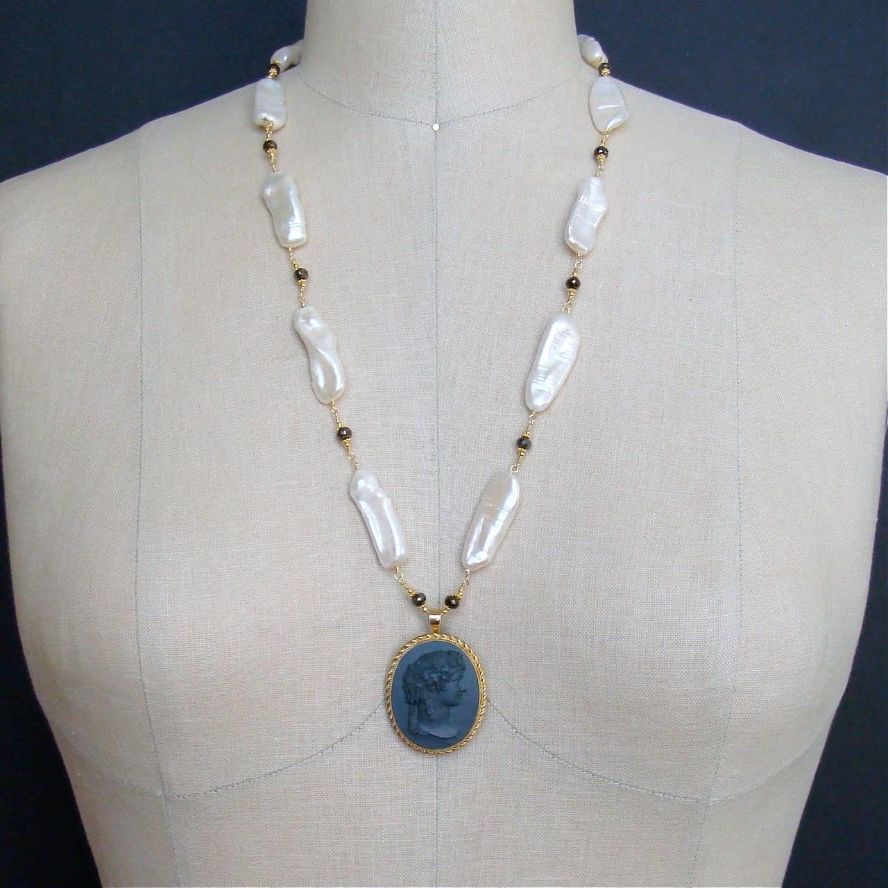 Women's Biwa Pearls Pyrite Basalt Cameo Pendant Necklace