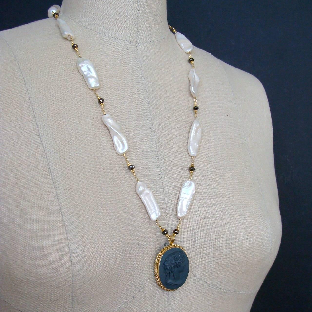 Biwa Pearls Pyrite Basalt Cameo Pendant Necklace 1