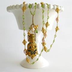 Victorian Chatelaine Scent Bottle Necklace Peridot Pink Pearls