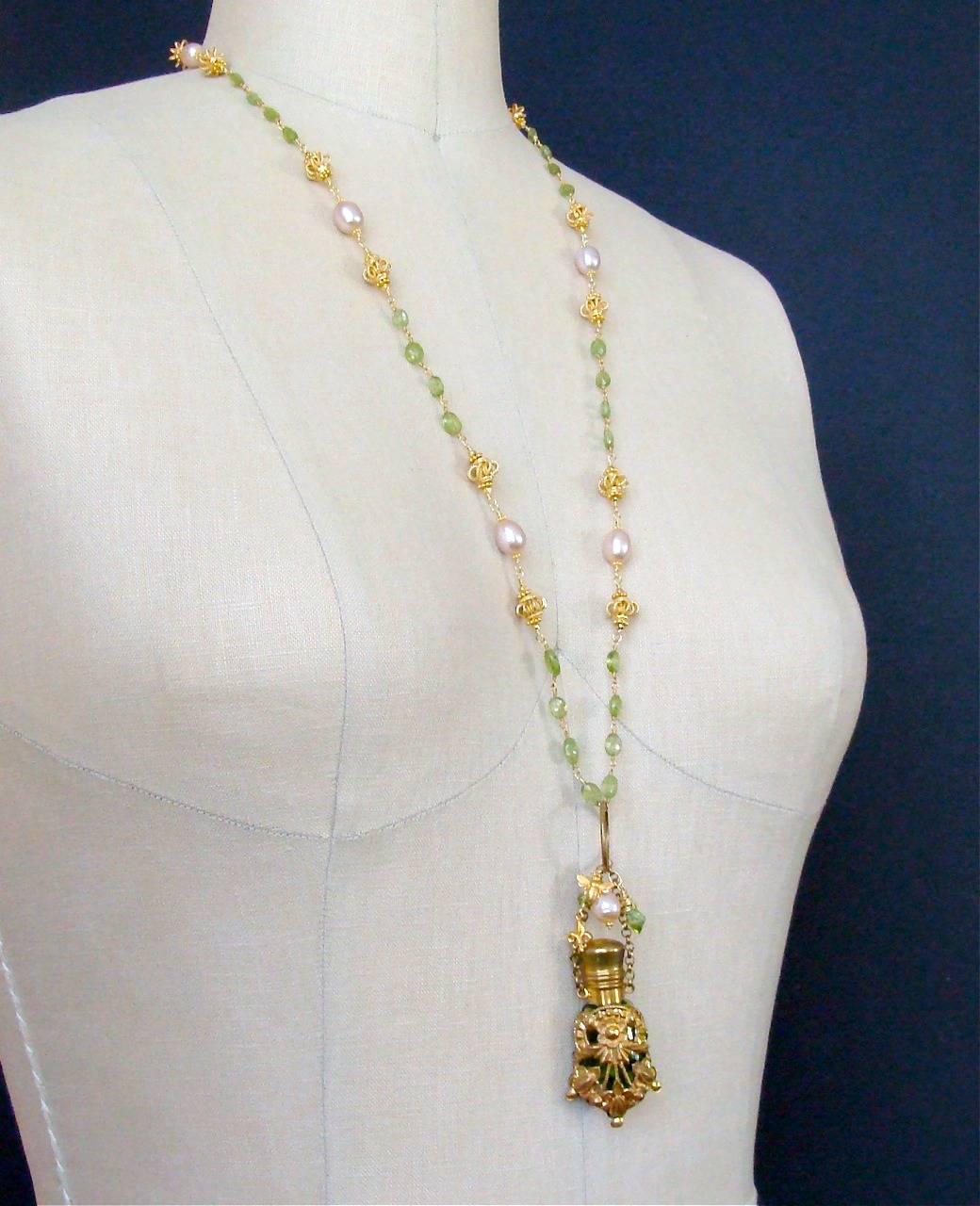 Women's Victorian Chatelaine Scent Bottle Necklace Peridot Pink Pearls