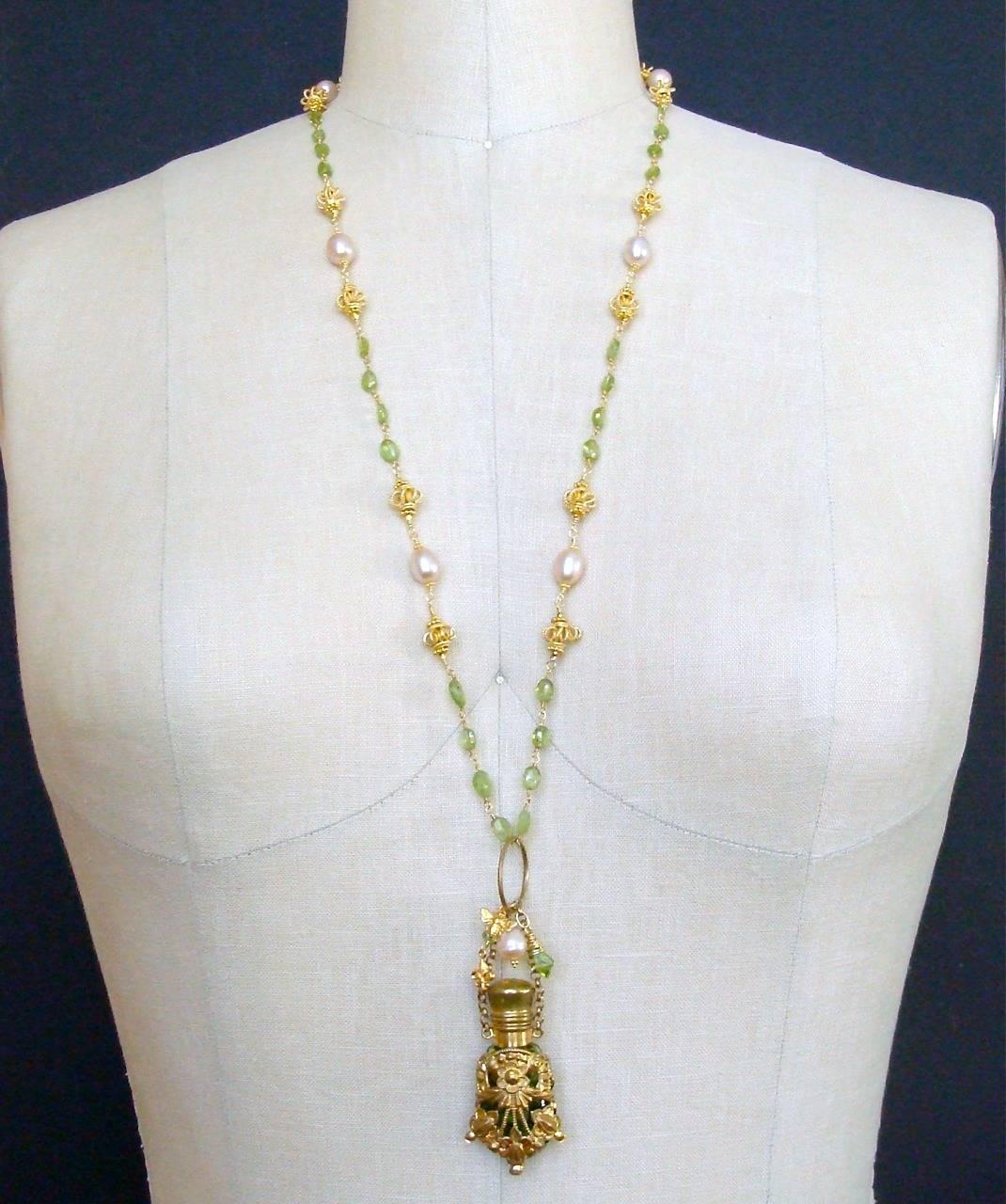 Victorian Chatelaine Scent Bottle Necklace Peridot Pink Pearls 1
