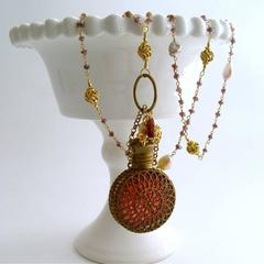 Mystic Garnet Keshi Pearls Cranberry Glass Chatelaine Scent Bottle Necklace