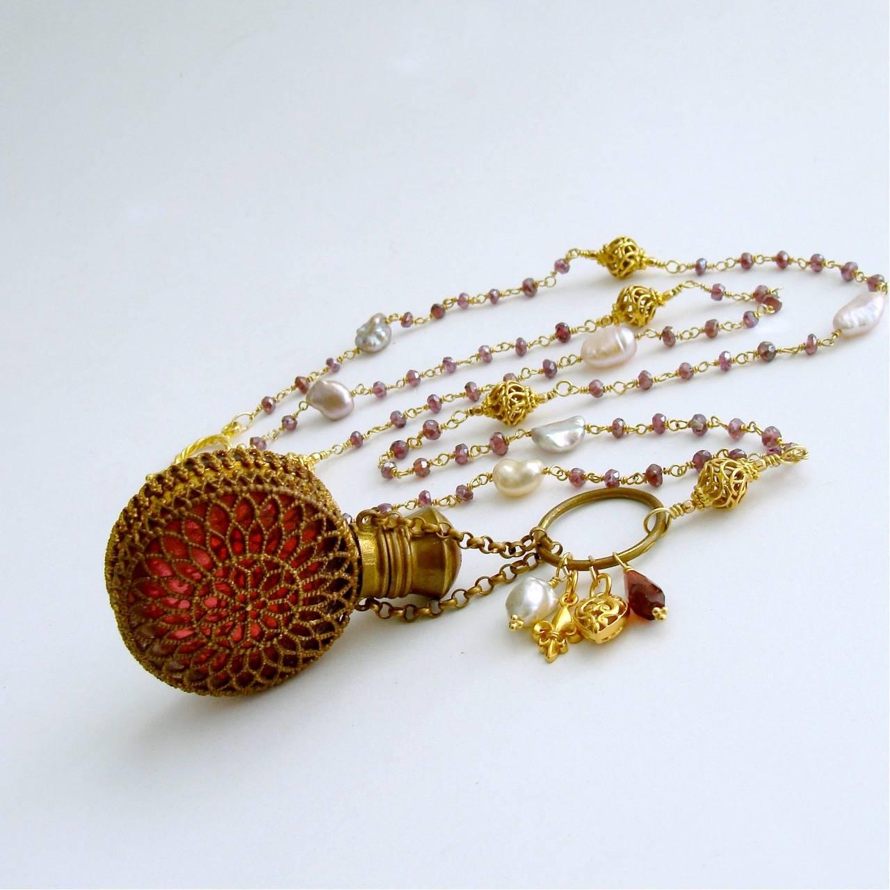 Victorian Mystic Garnet Keshi Pearls Cranberry Glass Chatelaine Scent Bottle Necklace