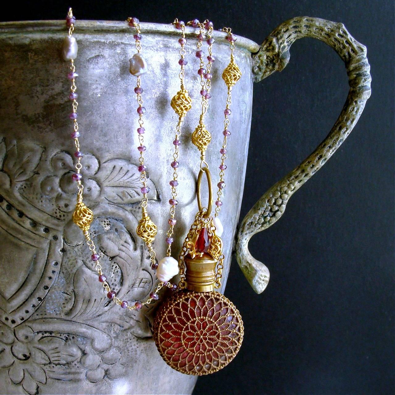 Mystic Garnet Keshi Pearls Cranberry Glass Chatelaine Scent Bottle Necklace In New Condition In Colleyville, TX