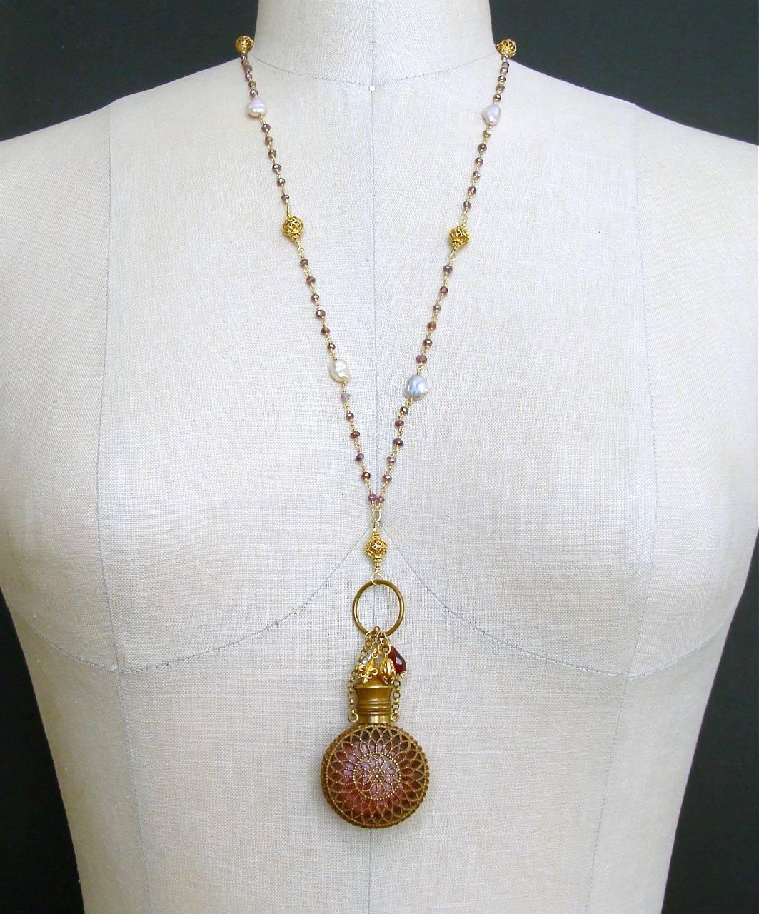 Women's Mystic Garnet Keshi Pearls Cranberry Glass Chatelaine Scent Bottle Necklace