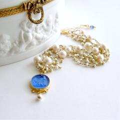 Freshwater Pearls Cornflower Blue Venetian Glass Intaglio Cameo Necklace