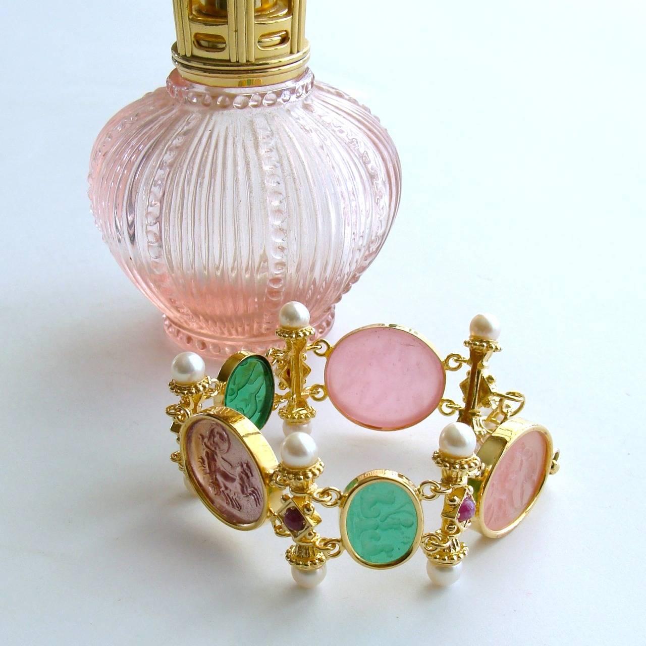 Neoclassical Venetian Glass Intaglios Pearls Rubies Bracelet