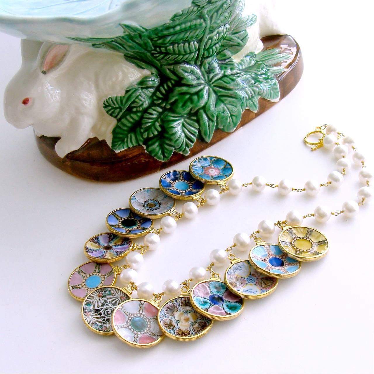 Artisan Baroque Pearl Miniature Majolica Oyster Plates Charm Necklace