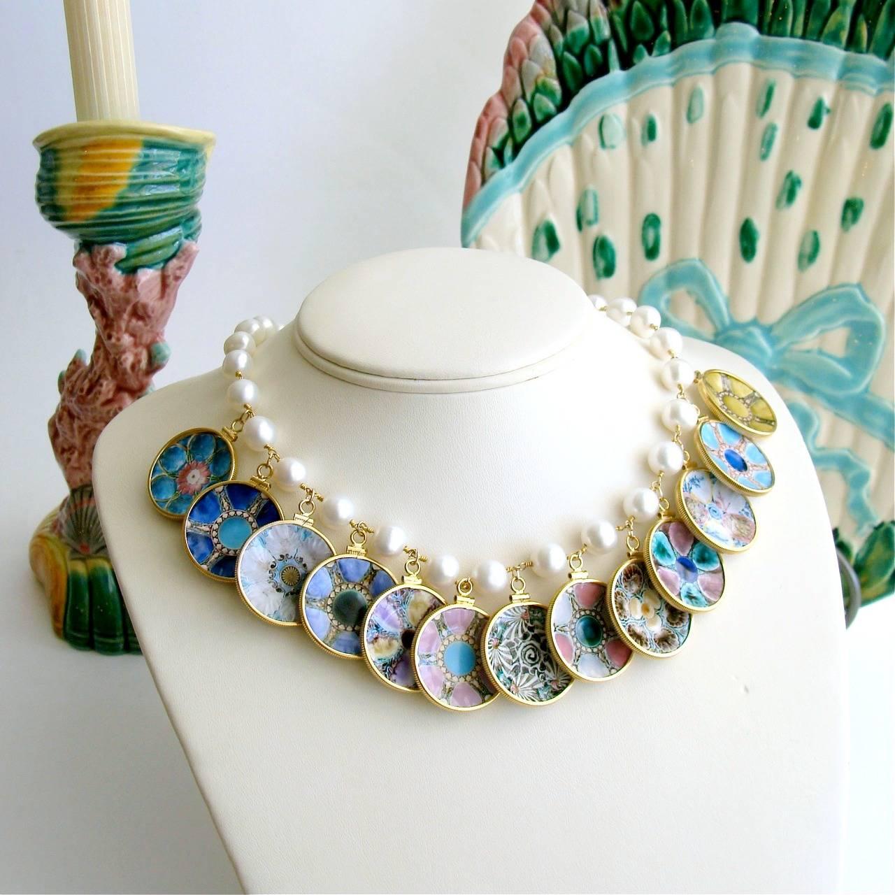 Baroque Pearl Miniature Majolica Oyster Plates Charm Necklace In New Condition In Colleyville, TX