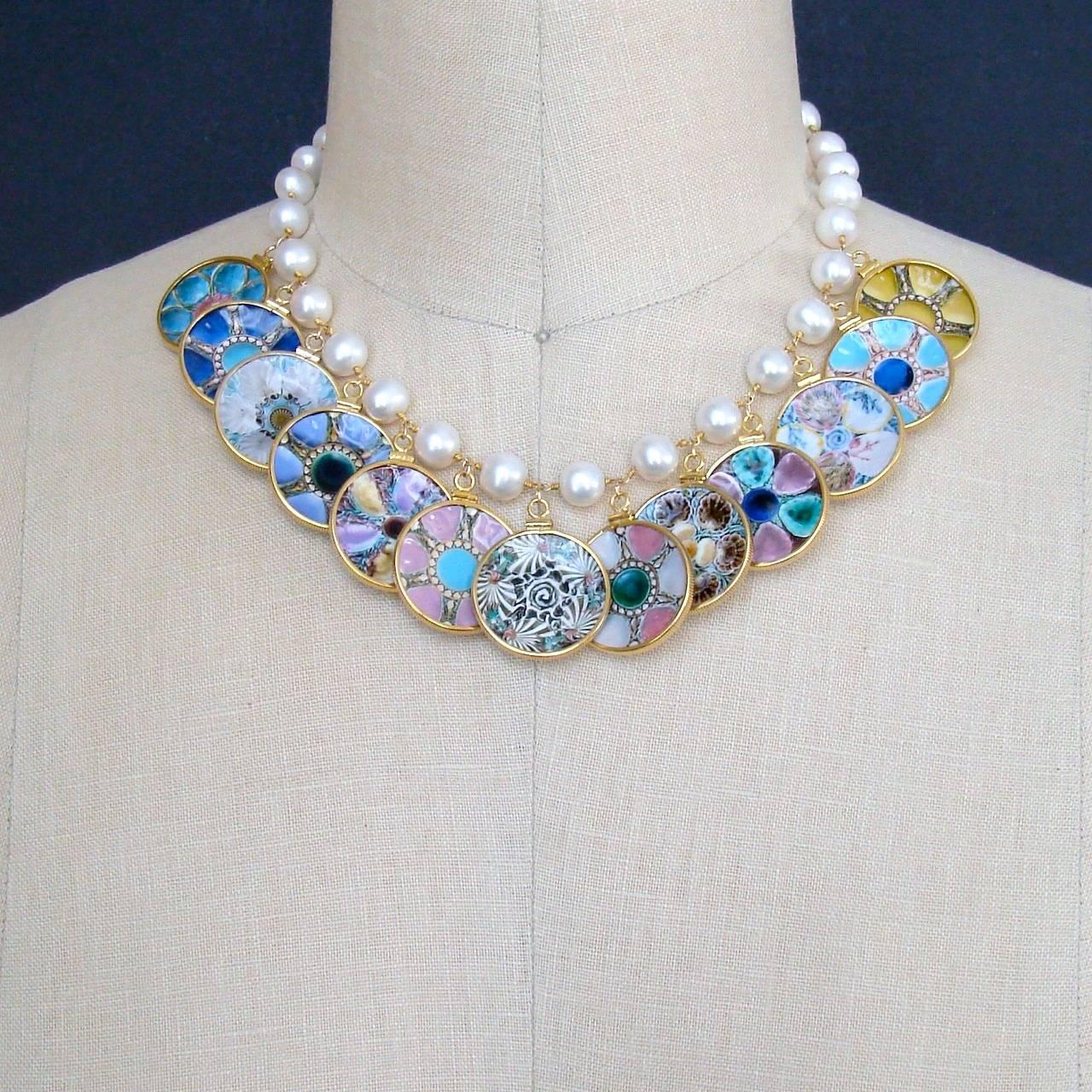 Women's Baroque Pearl Miniature Majolica Oyster Plates Charm Necklace