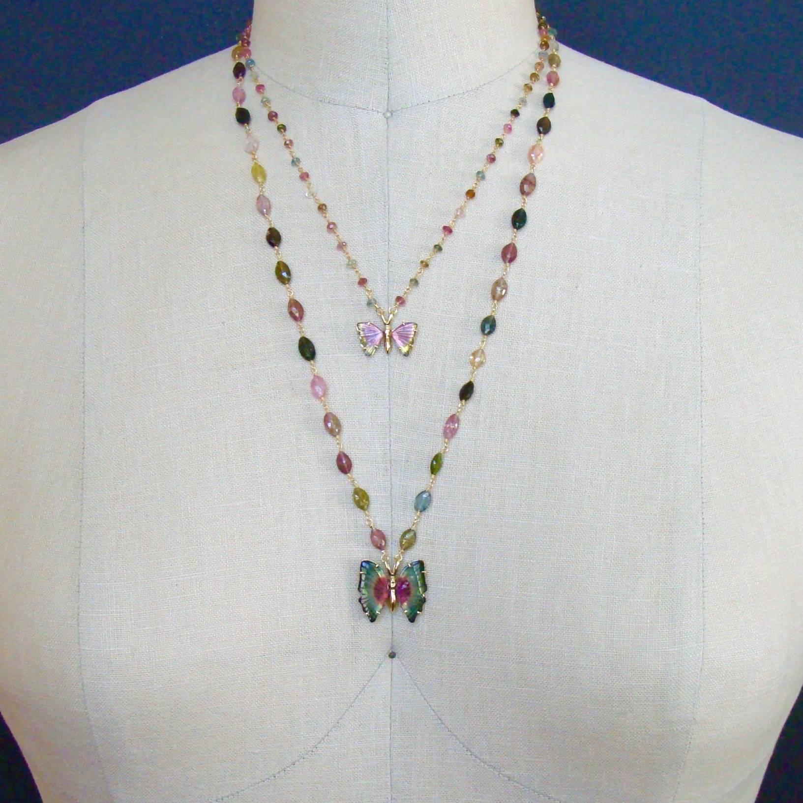 Pink Green Watermelon Tourmaline Gold Butterfly Necklace In New Condition In Colleyville, TX