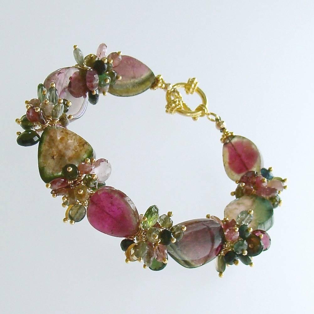 Artisan Watermelon Tourmaline Slices Tourmaline Cluster Bracelet 