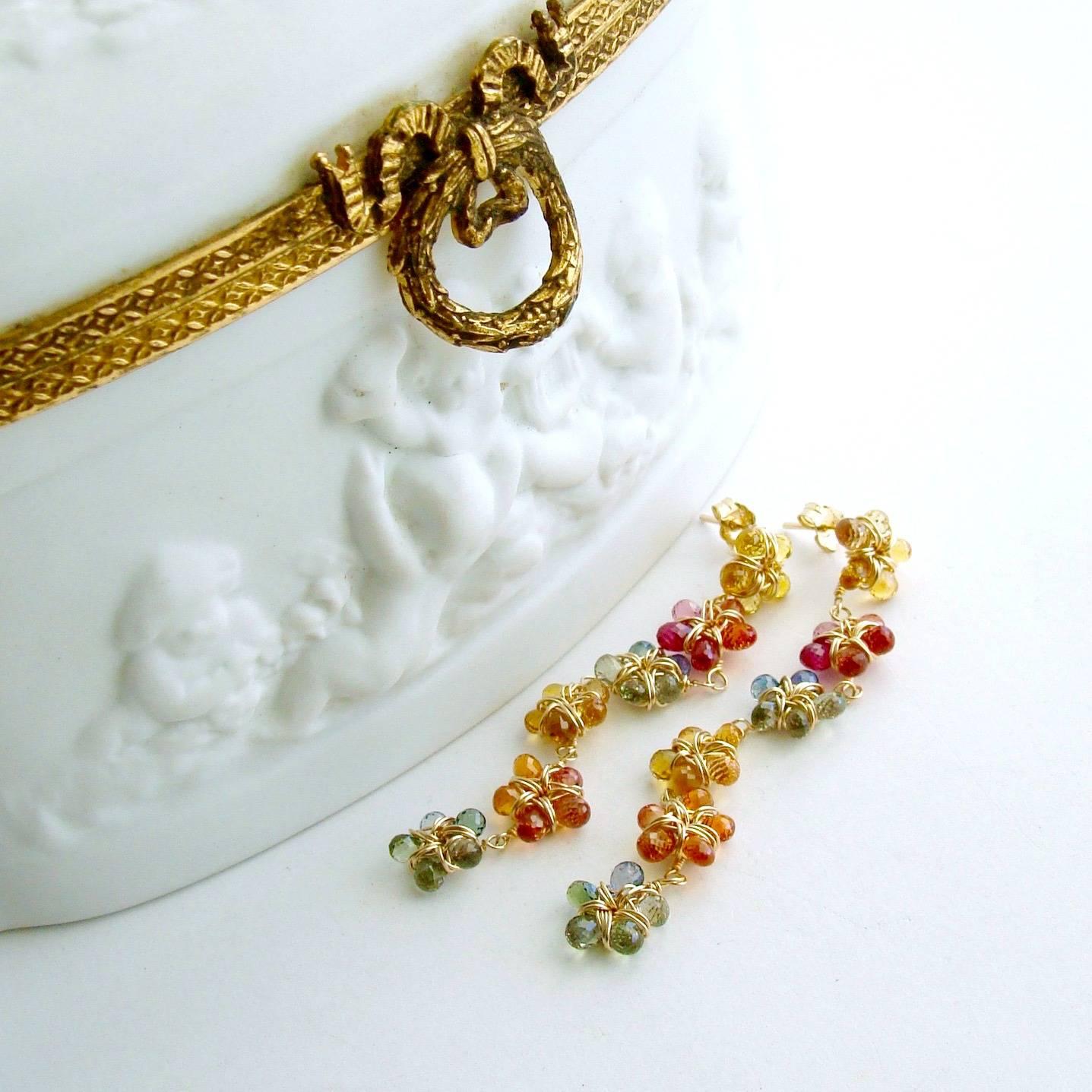 Artisan Multi Sapphire Gold Long Flower Earrings
