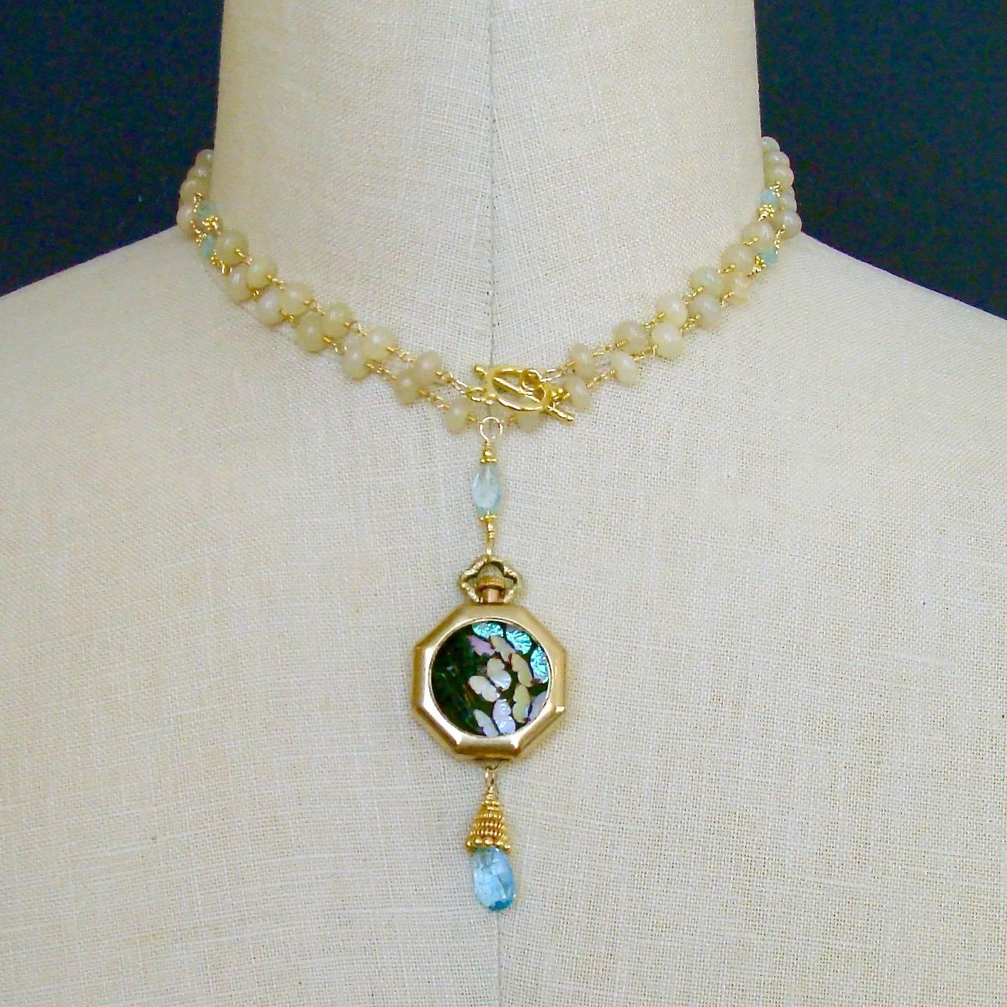 Women's Butterfly Kaleidoscope Watch Case Opal Blue Topaz Necklace