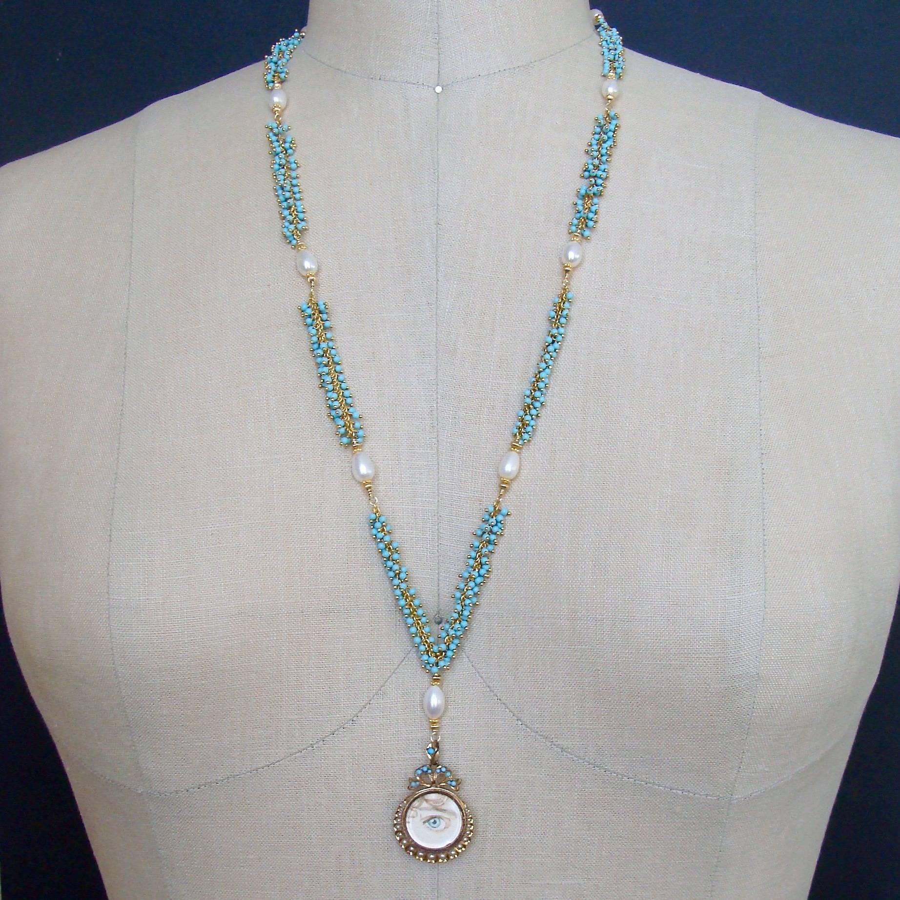 Georgian Lover’s Eye Victorian Locket Turquoise Pearls Gold Necklace