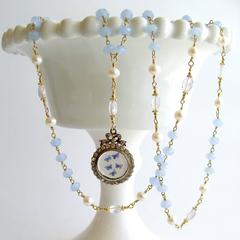 Butterfly Kaleidoscope Victorian Locket Blue Chalcedony Scorolite Necklace