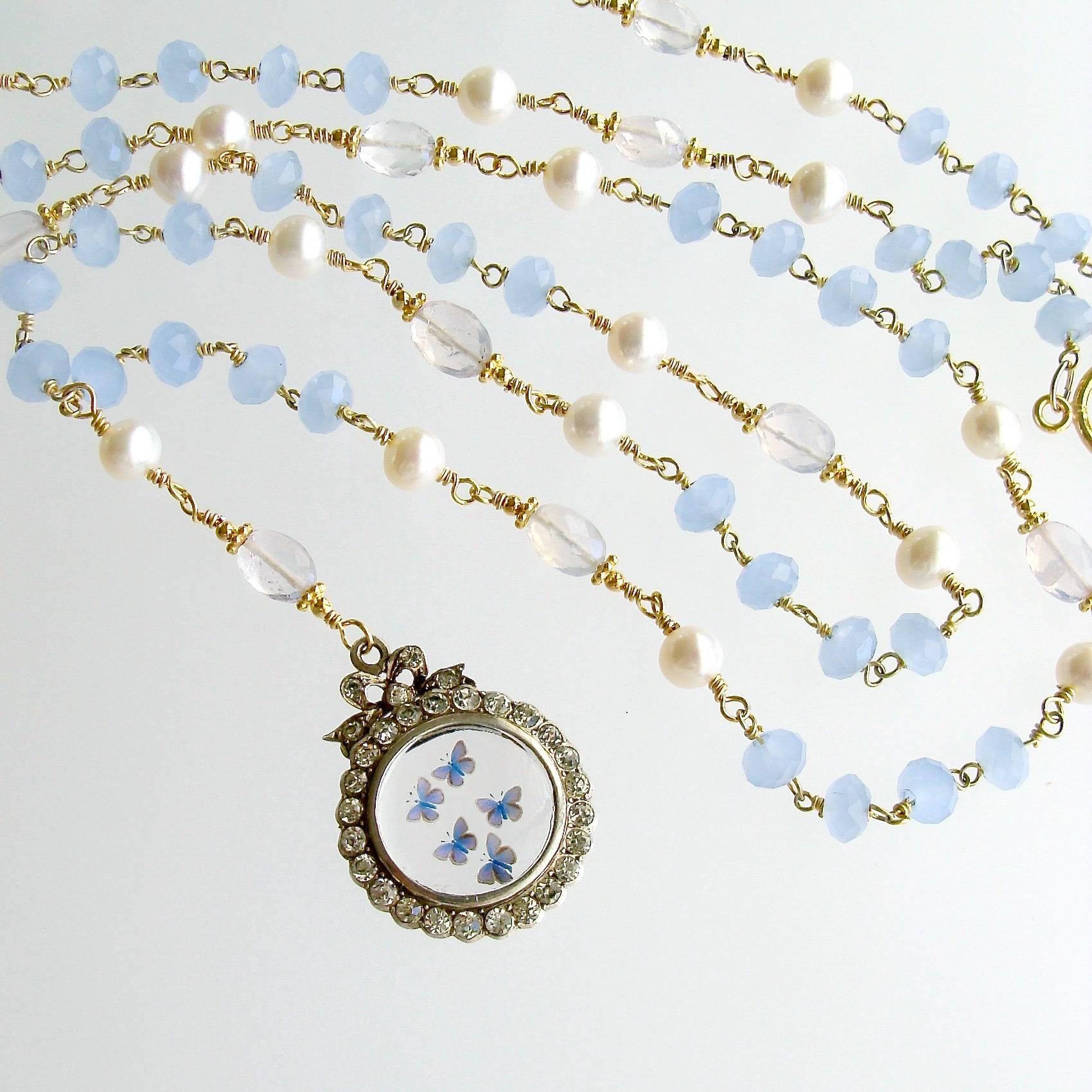 Butterfly Kaleidoscope Victorian Locket Blue Chalcedony Scorolite Necklace  In New Condition In Colleyville, TX