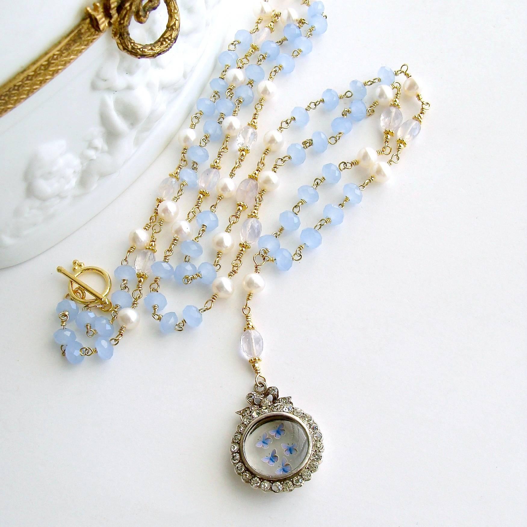 Women's Butterfly Kaleidoscope Victorian Locket Blue Chalcedony Scorolite Necklace 