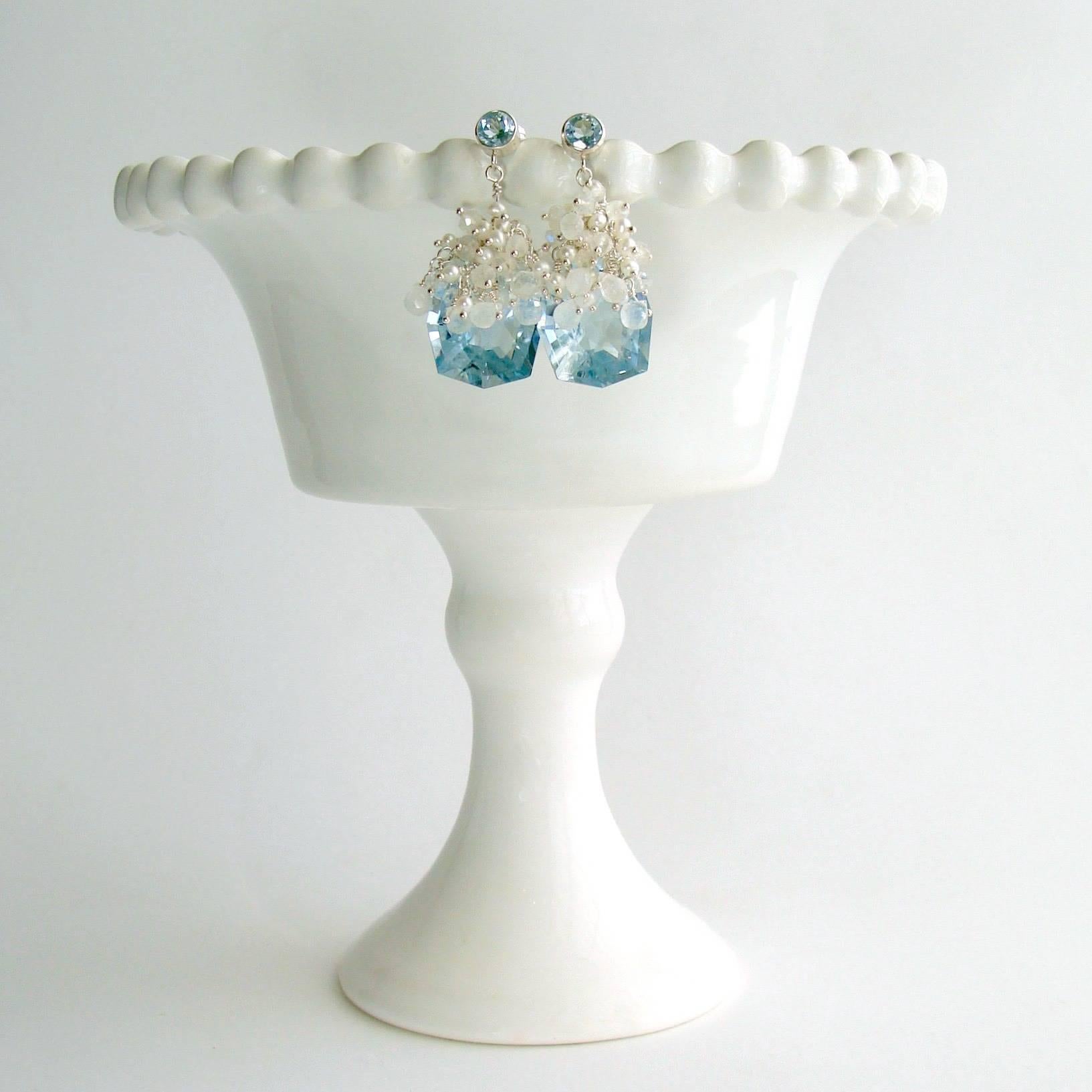 Artisan Fancy Cut Blue Topaz Seed Pearl Moonstone Cluster Earrings - Diana IV Earrings