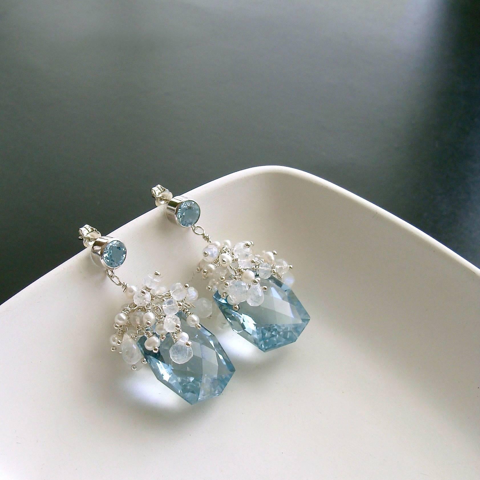 Fancy Cut Blue Topaz Seed Pearl Moonstone Cluster Earrings - Diana IV Earrings In New Condition In Colleyville, TX