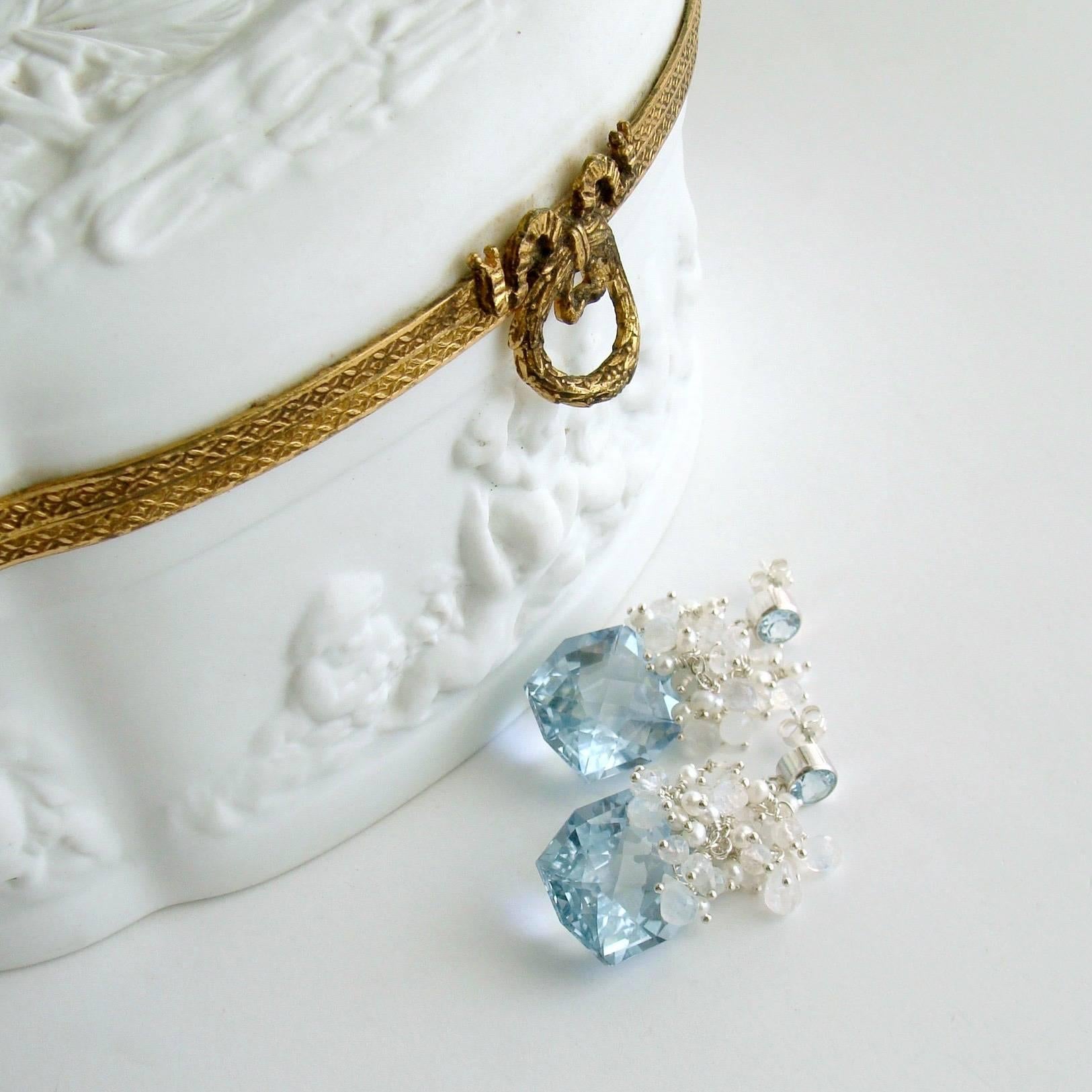 Women's Fancy Cut Blue Topaz Seed Pearl Moonstone Cluster Earrings - Diana IV Earrings