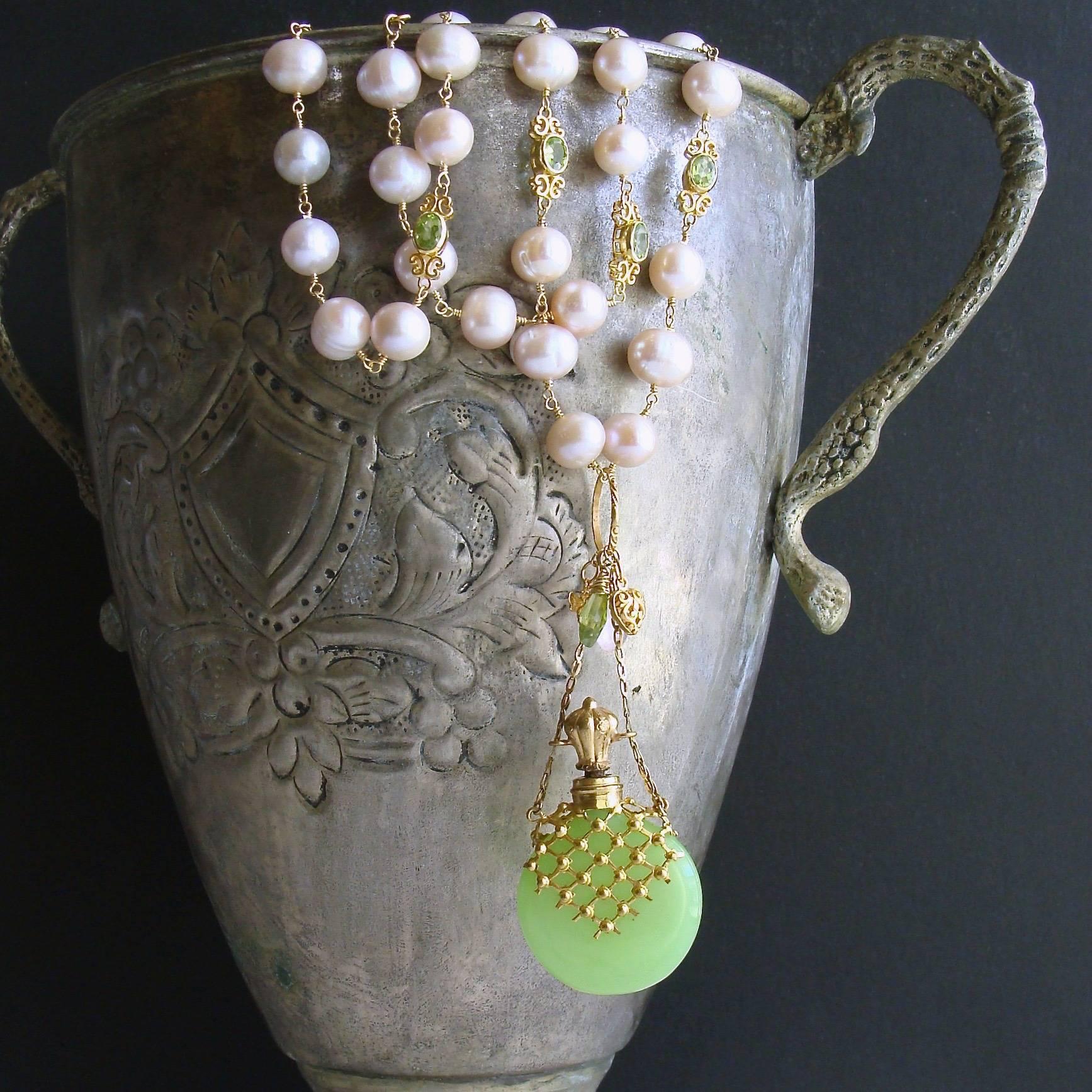 Victorian Kiwi Green Opaline Pink Baroque Pearls Peridot Chatelaine Scent Bottle Necklace 