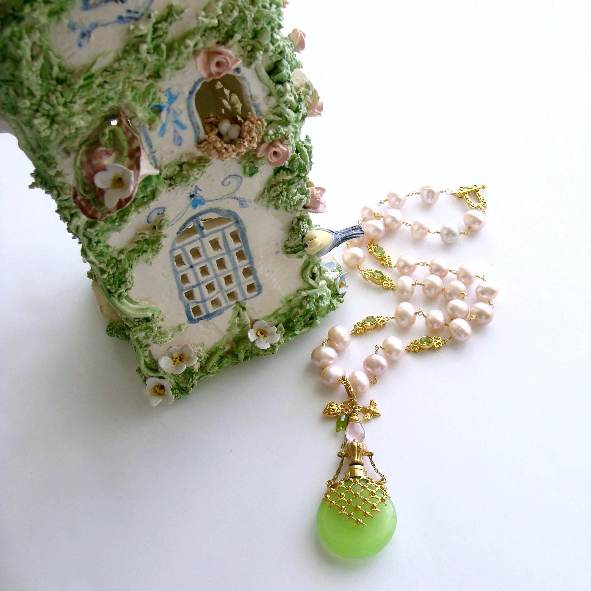 Kiwi Green Opaline Pink Baroque Pearls Peridot Chatelaine Scent Bottle Necklace  In New Condition In Colleyville, TX