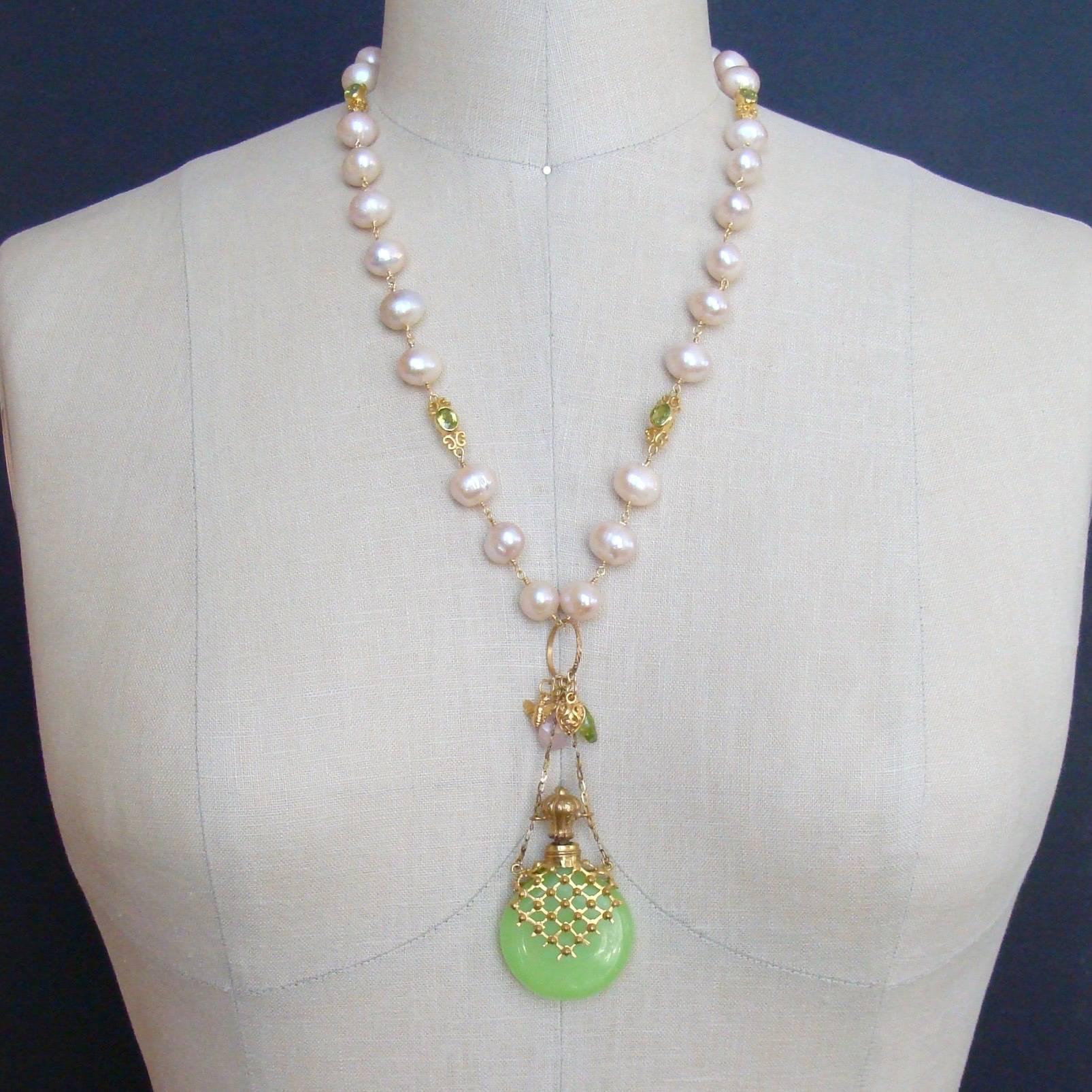 Women's Kiwi Green Opaline Pink Baroque Pearls Peridot Chatelaine Scent Bottle Necklace 