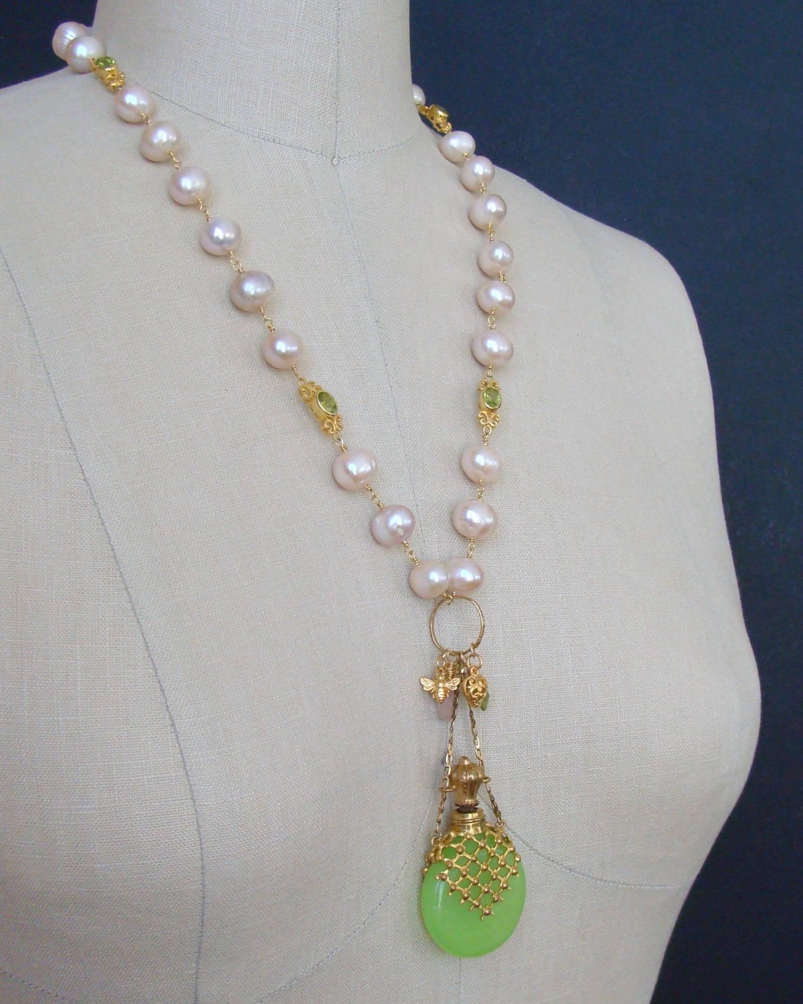 Kiwi Green Opaline Pink Baroque Pearls Peridot Chatelaine Scent Bottle Necklace  1