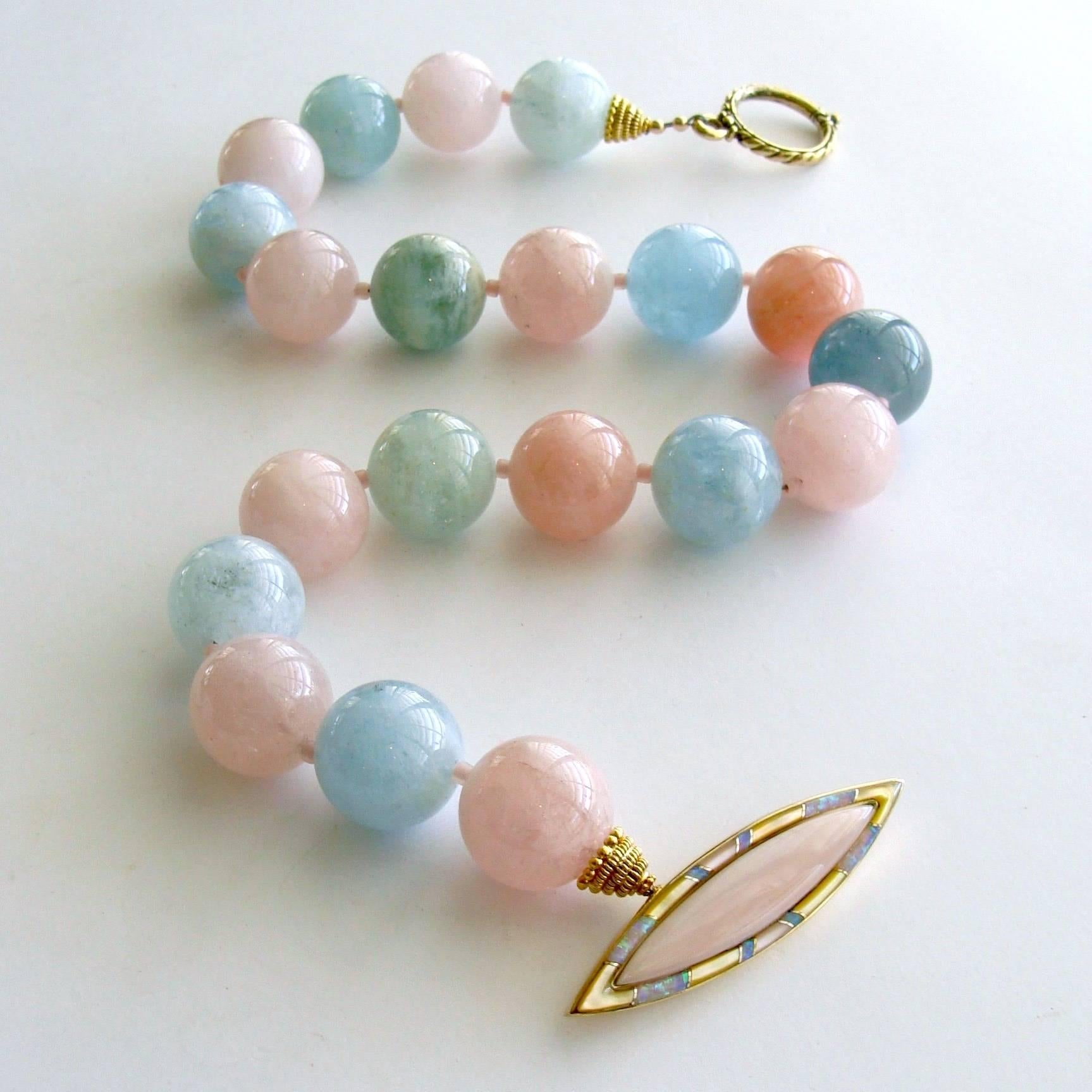 Fontanne III Necklace.

Beryl is a family name that include stones in many colors - aquamarine (soft blue/green) and morganite (soft pink/peach) being the most common.  These luxe 20mm (.78 inches diameter) pastel confections are almost to good to