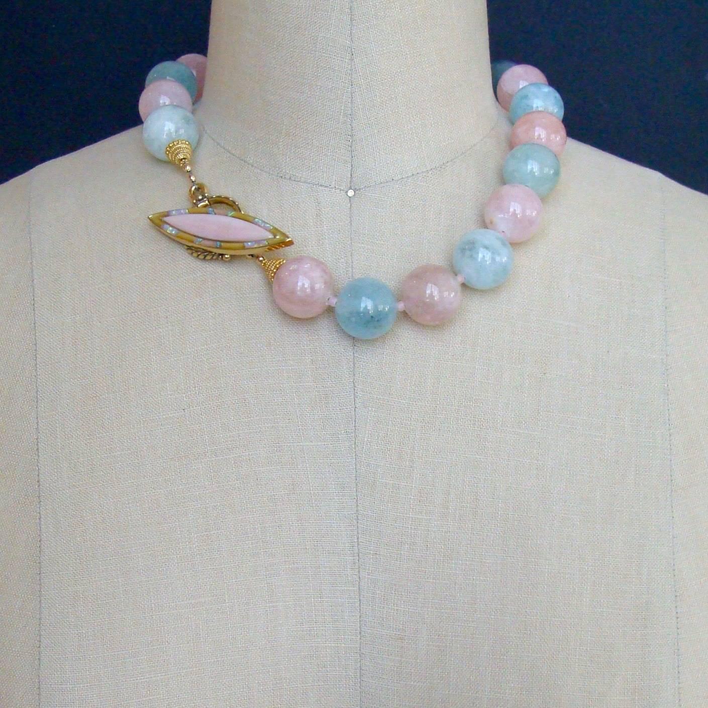 Beryl Aquamarine Morganite Choker Necklace w/ Opal Mother of Pearl Toggle Clasp 1