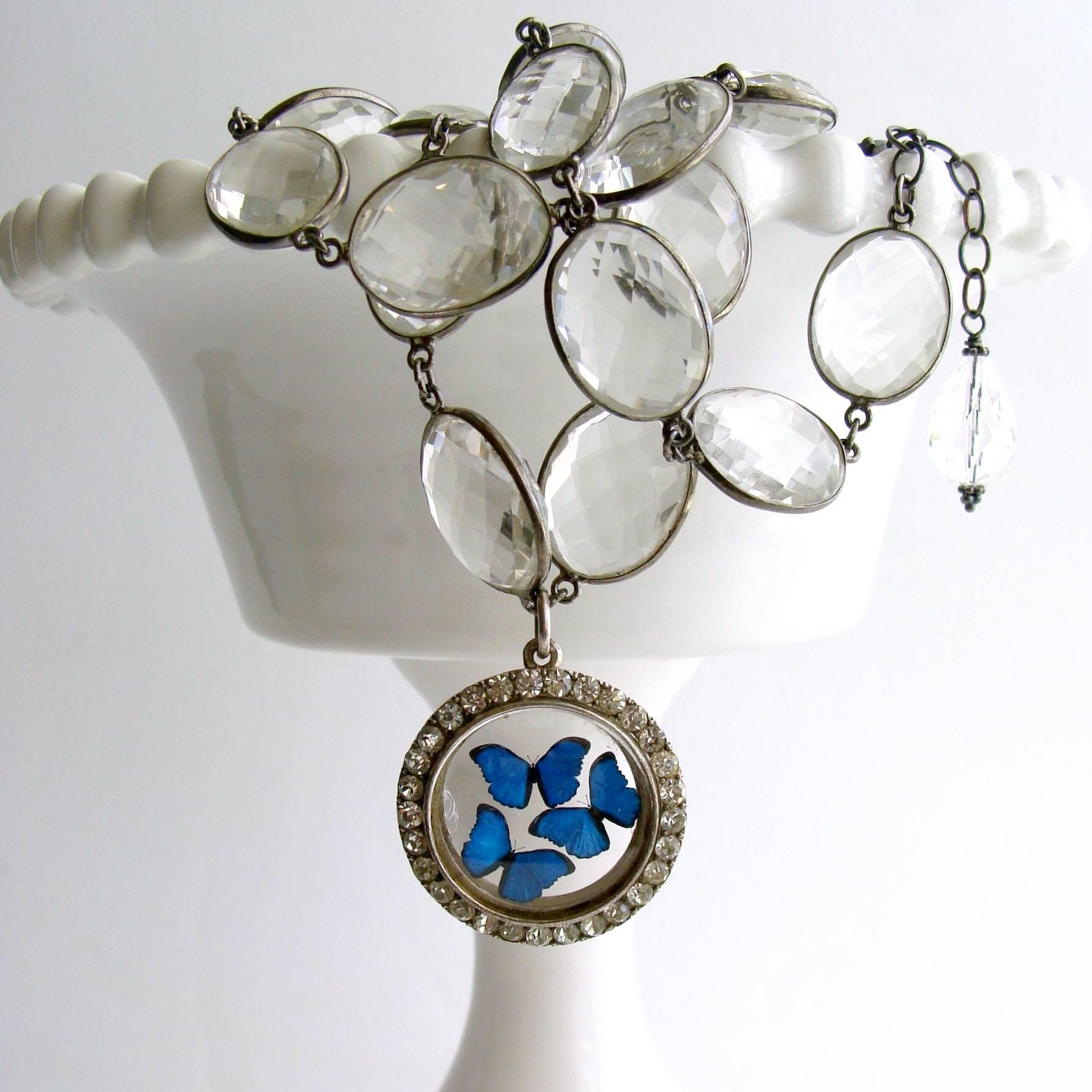 Women's Victorian Butterfly Kaleidoscope Silver Paste Locket Rock Crystal Necklace