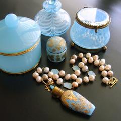 Gilt Embossed Blue Opaline Pearl Chatelaine Scent Bottle Necklace