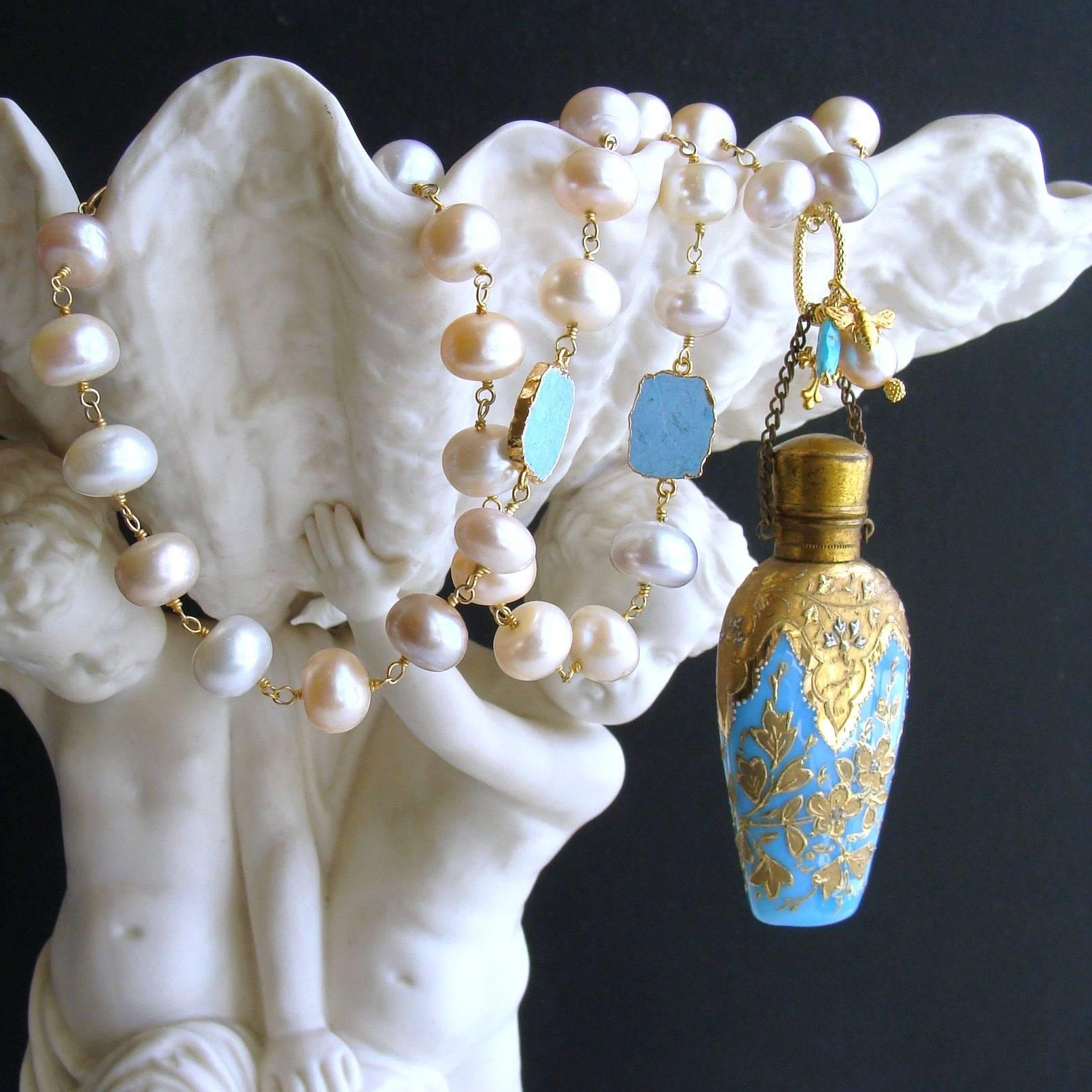 Victorian Gilt Embossed Blue Opaline Pearl Chatelaine Scent Bottle Necklace 