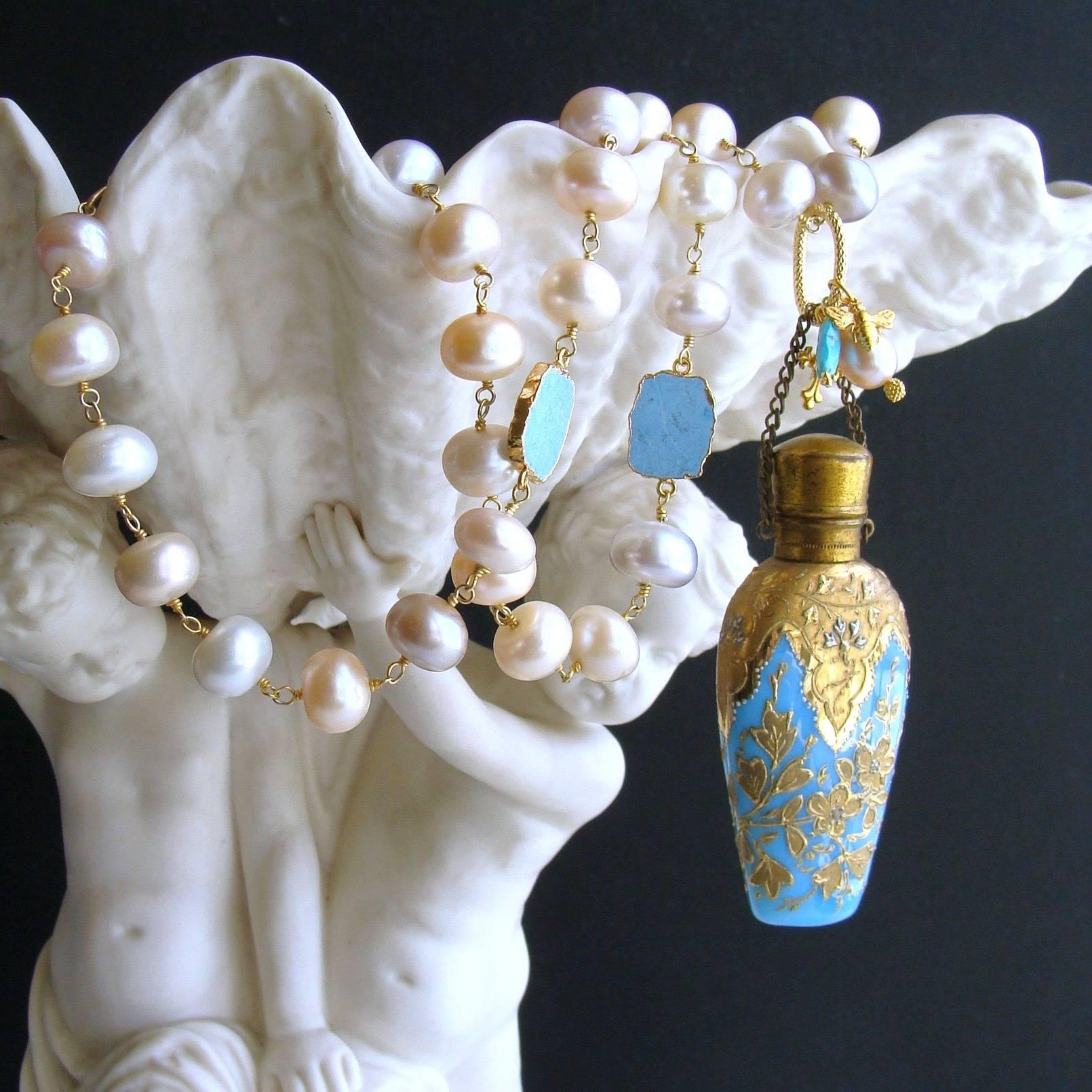 Victorian Gilt Embossed Blue Opaline Pearl Chatelaine Scent Bottle Necklace