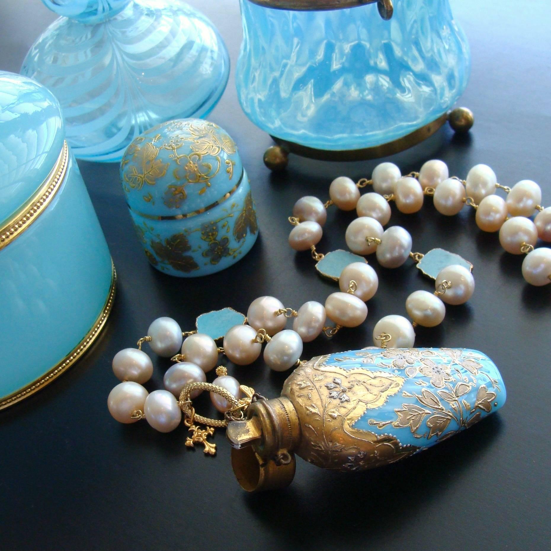 Gilt Embossed Blue Opaline Pearl Chatelaine Scent Bottle Necklace  In New Condition In Colleyville, TX