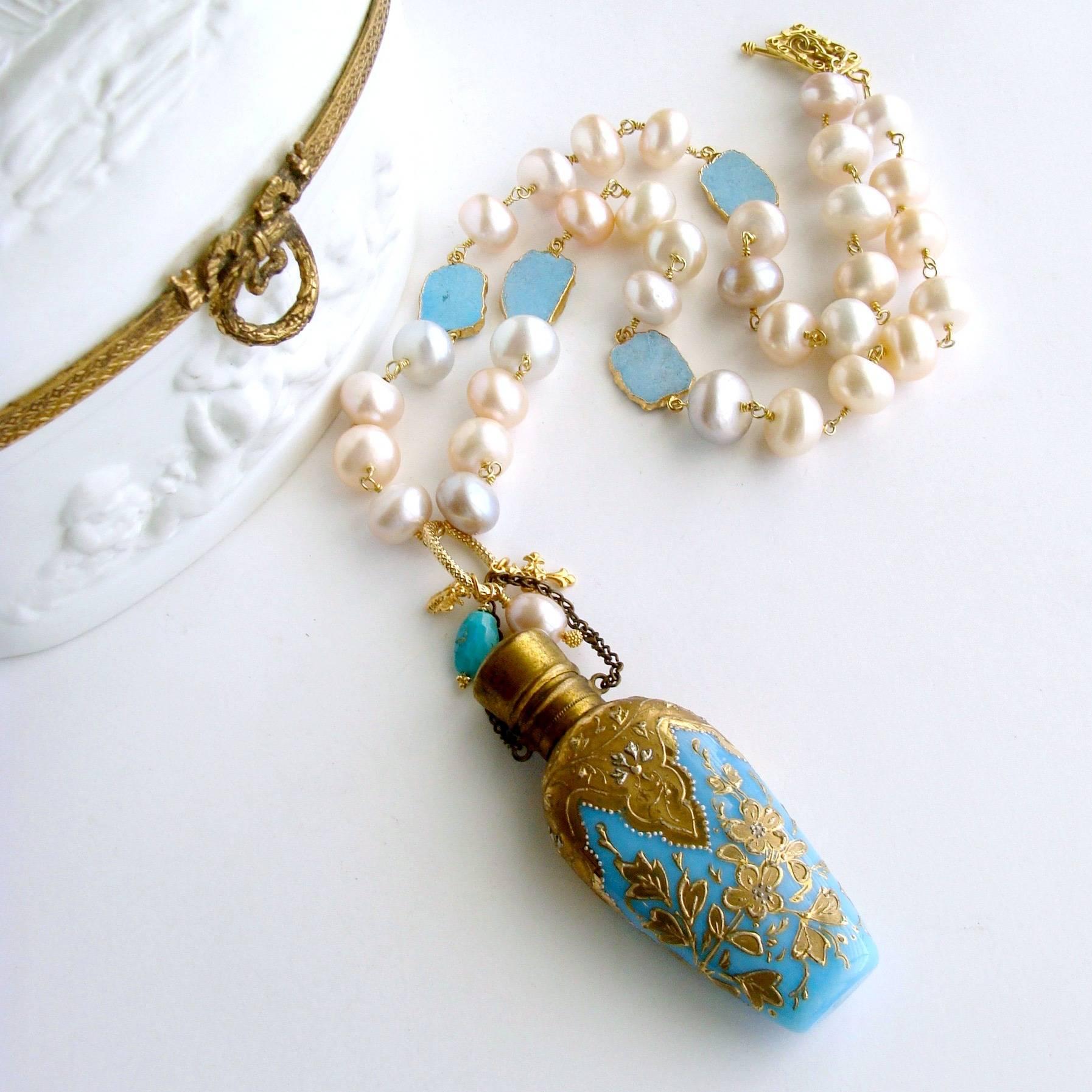 Women's Gilt Embossed Blue Opaline Pearl Chatelaine Scent Bottle Necklace