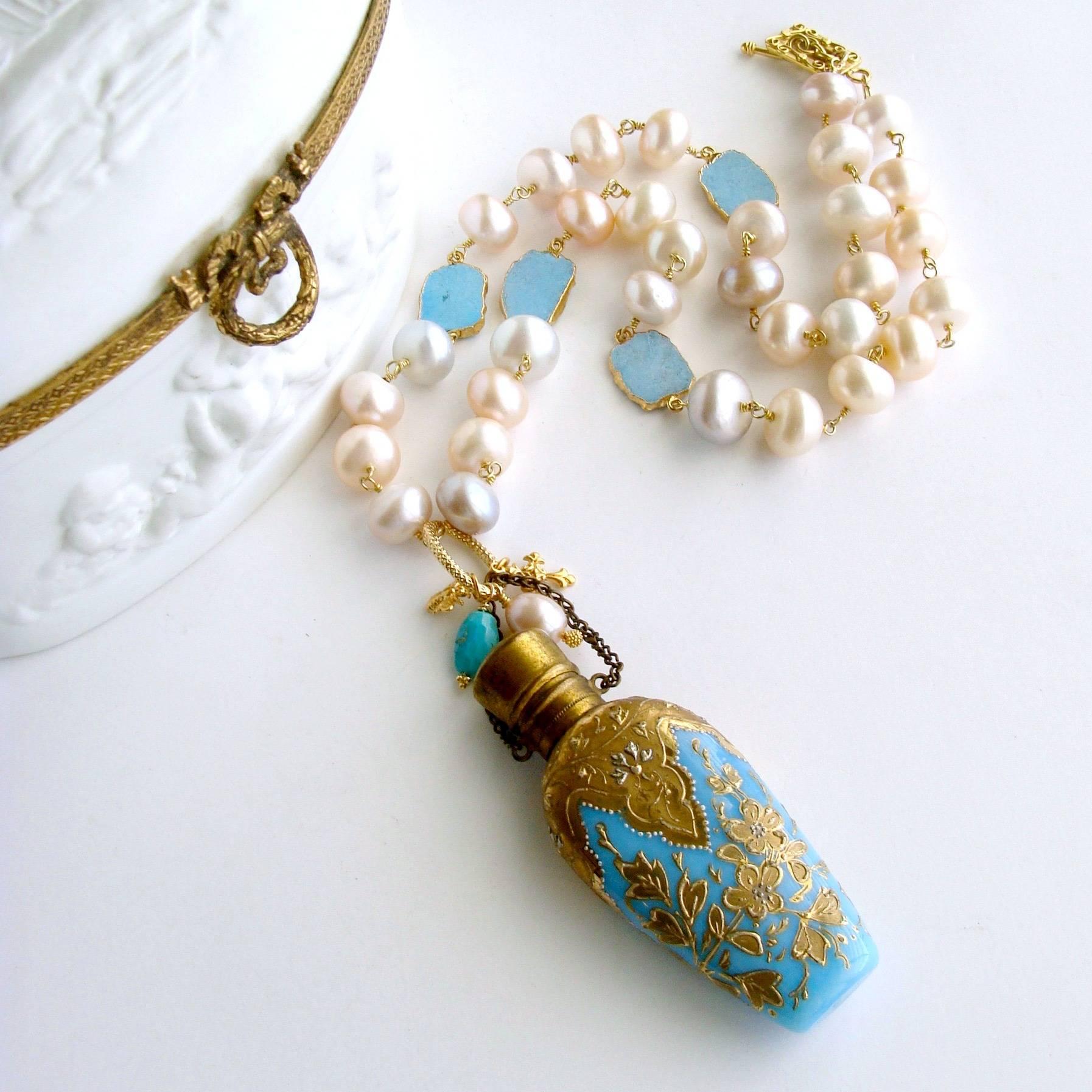 Women's Gilt Embossed Blue Opaline Pearl Chatelaine Scent Bottle Necklace 