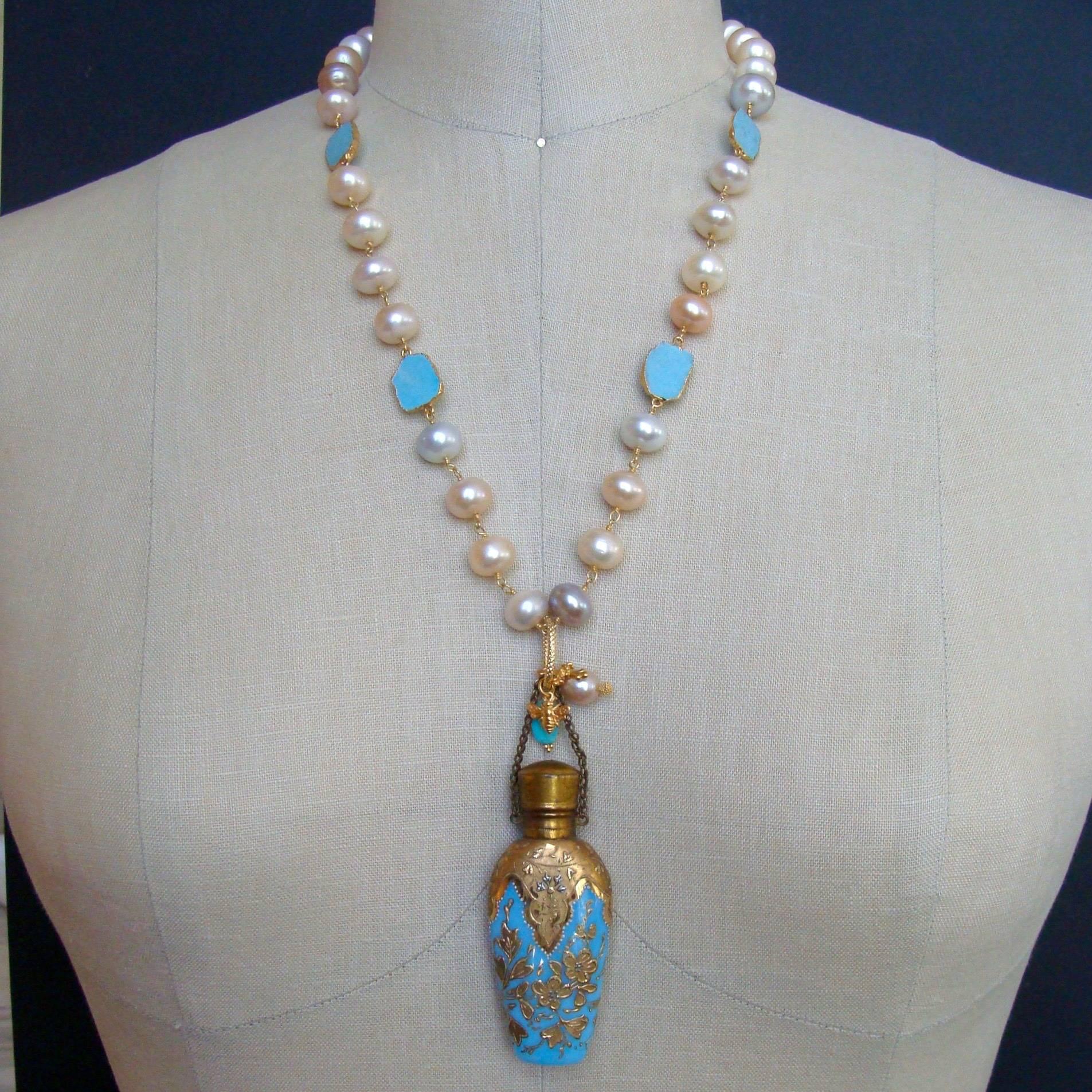 Gilt Embossed Blue Opaline Pearl Chatelaine Scent Bottle Necklace  1