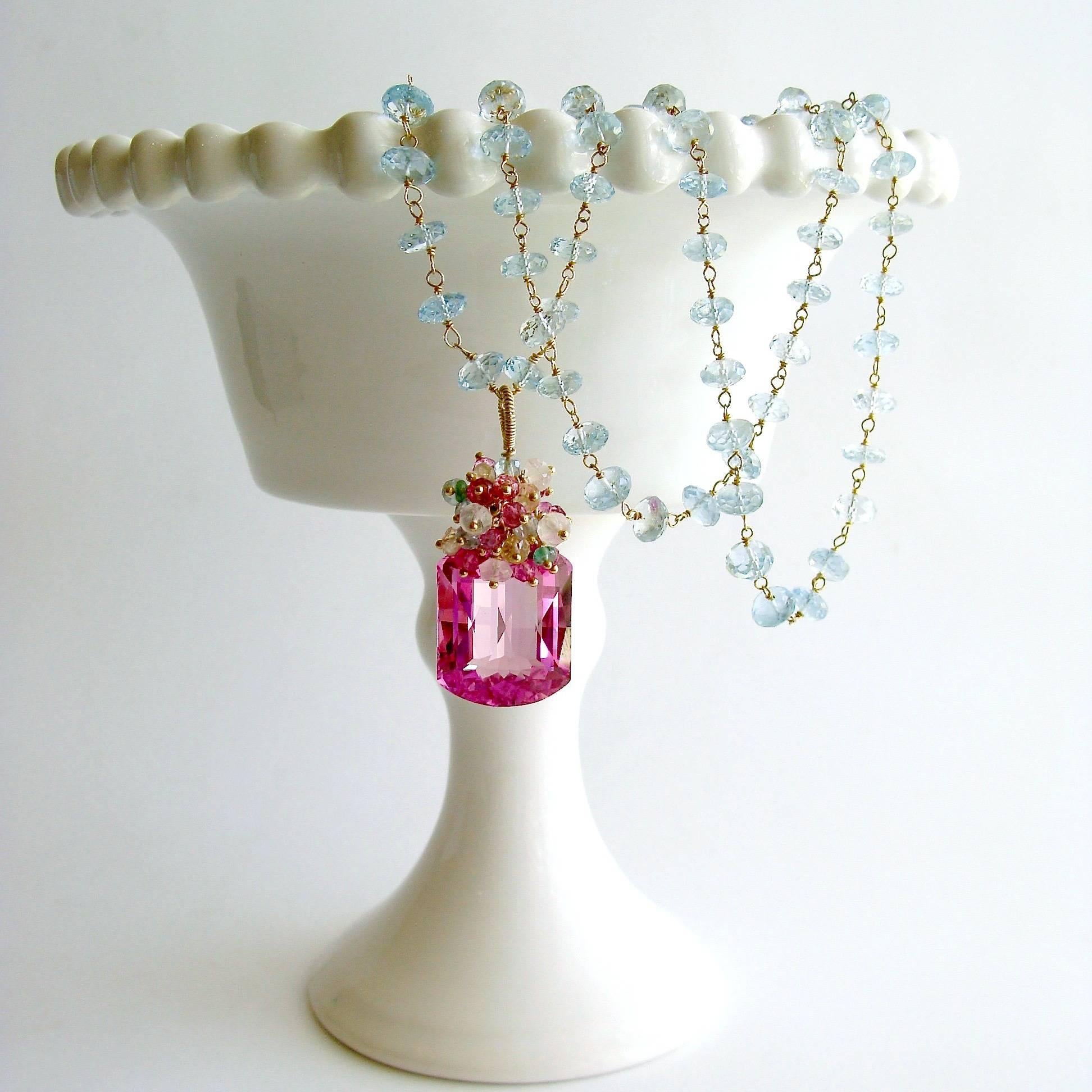 Artisan Blue and Pink Topaz Emerald Citrine Sterling Silver Vermeil Cluster Necklace