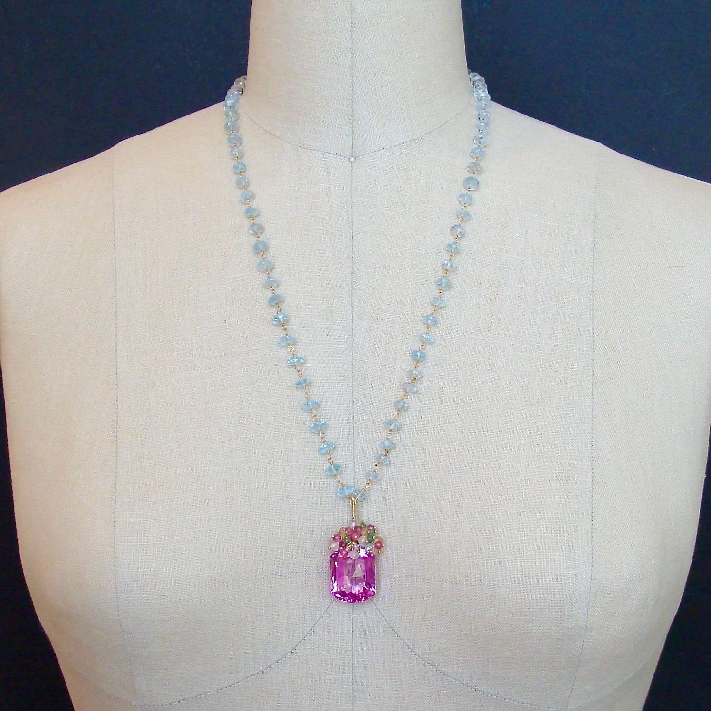 Blue and Pink Topaz Emerald Citrine Sterling Silver Vermeil Cluster Necklace In New Condition In Colleyville, TX