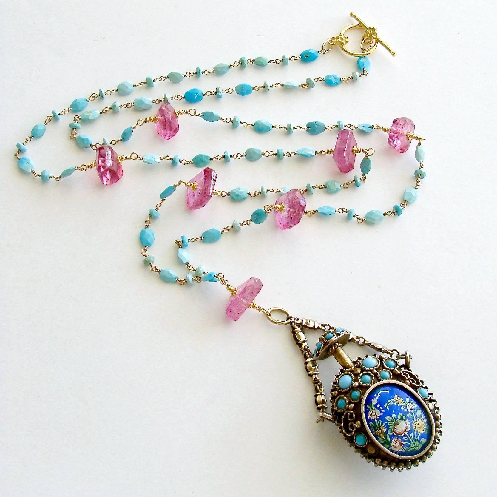 Turquoise Austro Hungarian Chatelaine Cloisonné Scent Bottle Necklace Turquoise Pink Topaz Nuggets - Ainsley Necklace.

A delicate hand linked chain of dainty Sleeping Beauty Turquoise ovals and rondelles has been intercepted with brilliant