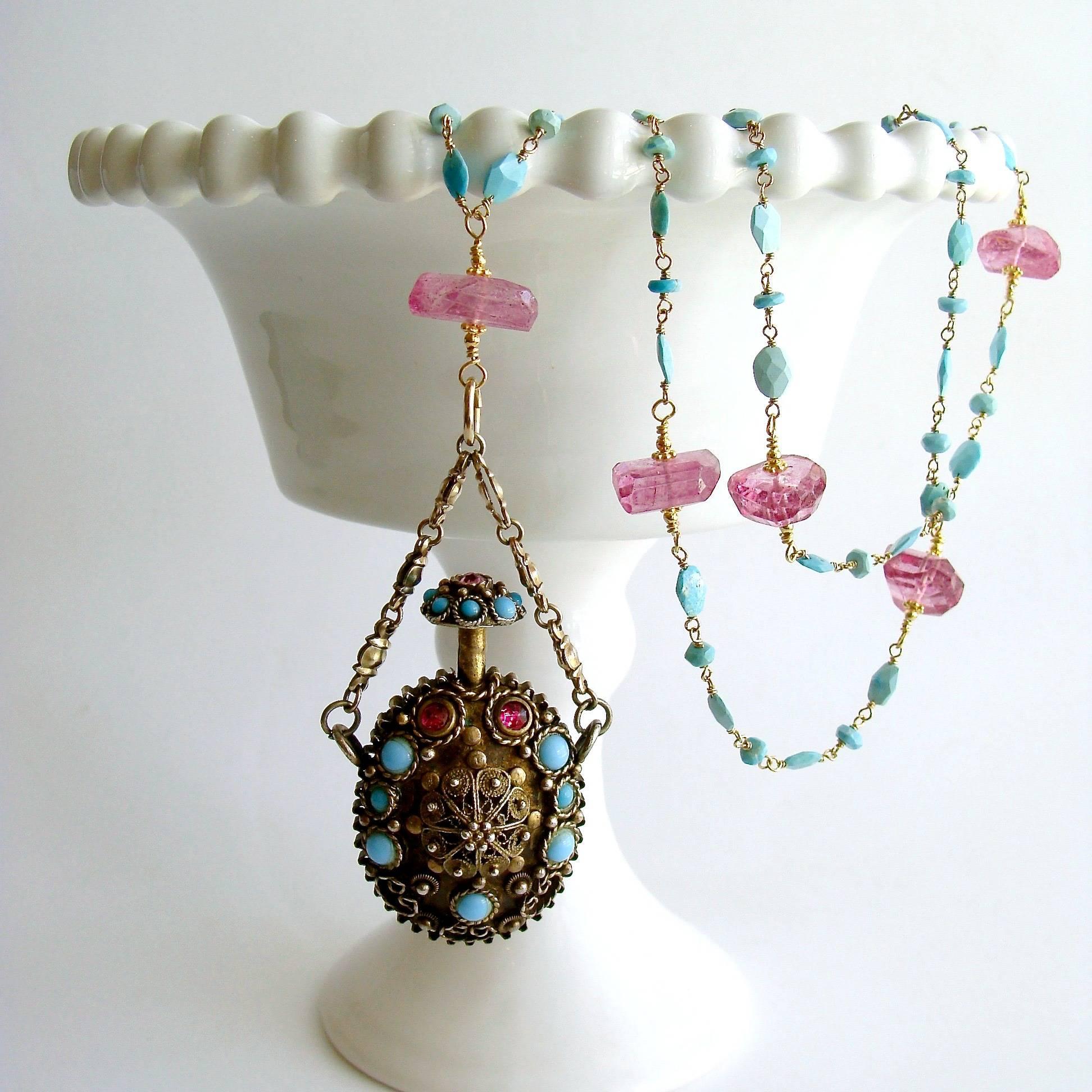 Victorian Turquoise Austro Hungarian Chatelaine Cloisonné Scent Bottle Necklace 
